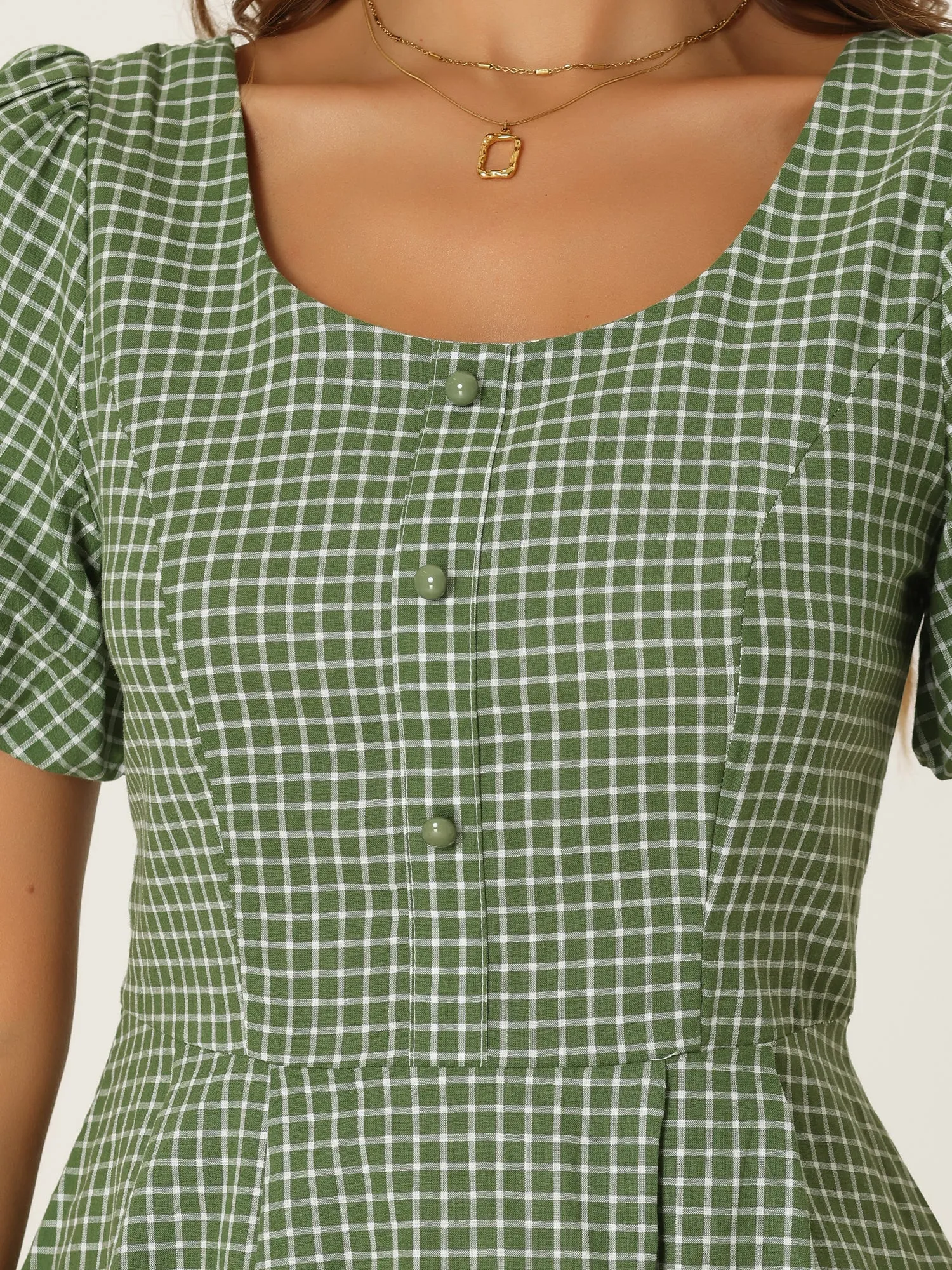 Plaid Summer Pleated Back Button Decor Puff Sleeve Midi Dress sold by Allegra K product image thumbnail 4