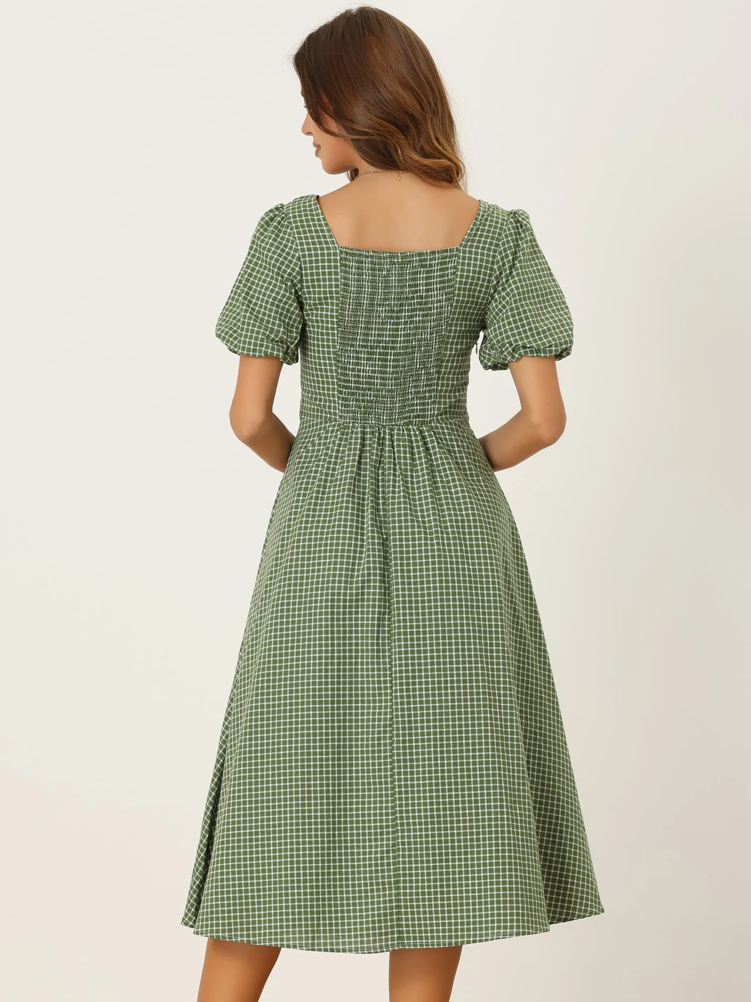 Plaid Summer Pleated Back Button Decor Puff Sleeve Midi Dress sold by Allegra K product image thumbnail 3