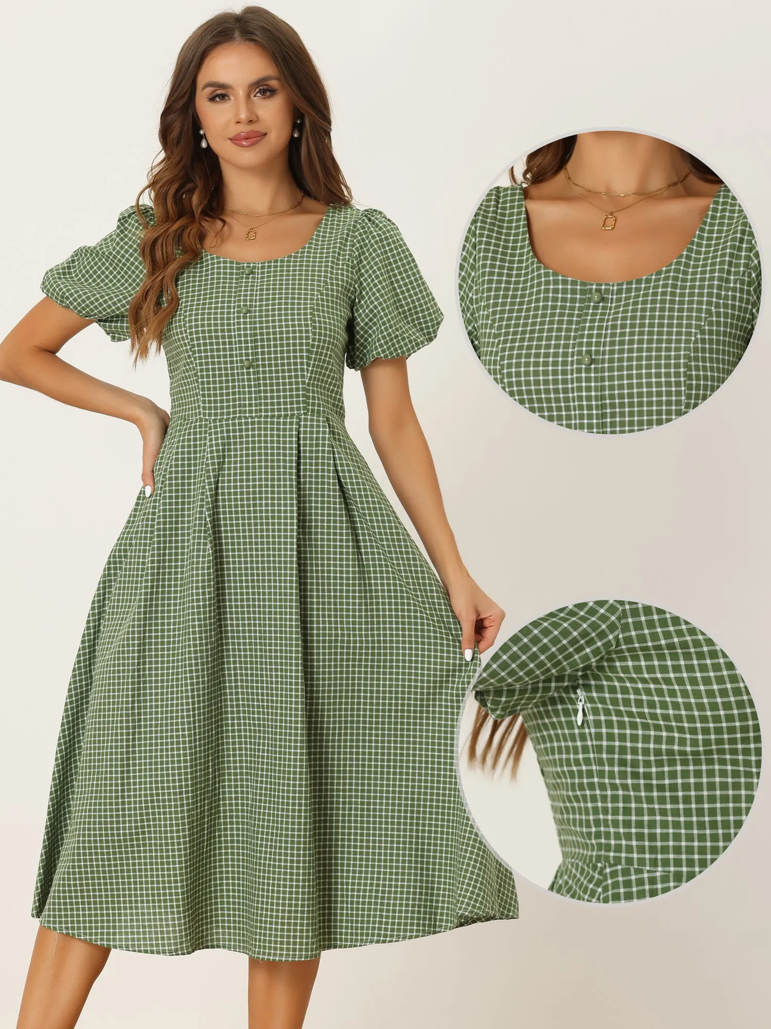 Plaid Summer Pleated Back Button Decor Puff Sleeve Midi Dress sold by Allegra K product image thumbnail 2
