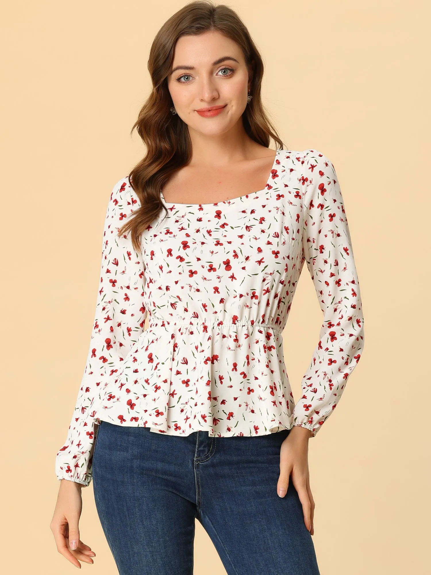 Long Sleeve Square Neck Belted Peplum Floral Top Blouse sold by Allegra K product image thumbnail 2