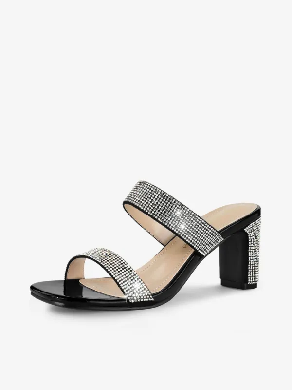 Square Open Toe Rhinestone Chunky Heel Slide Sandals sold by Allegra K