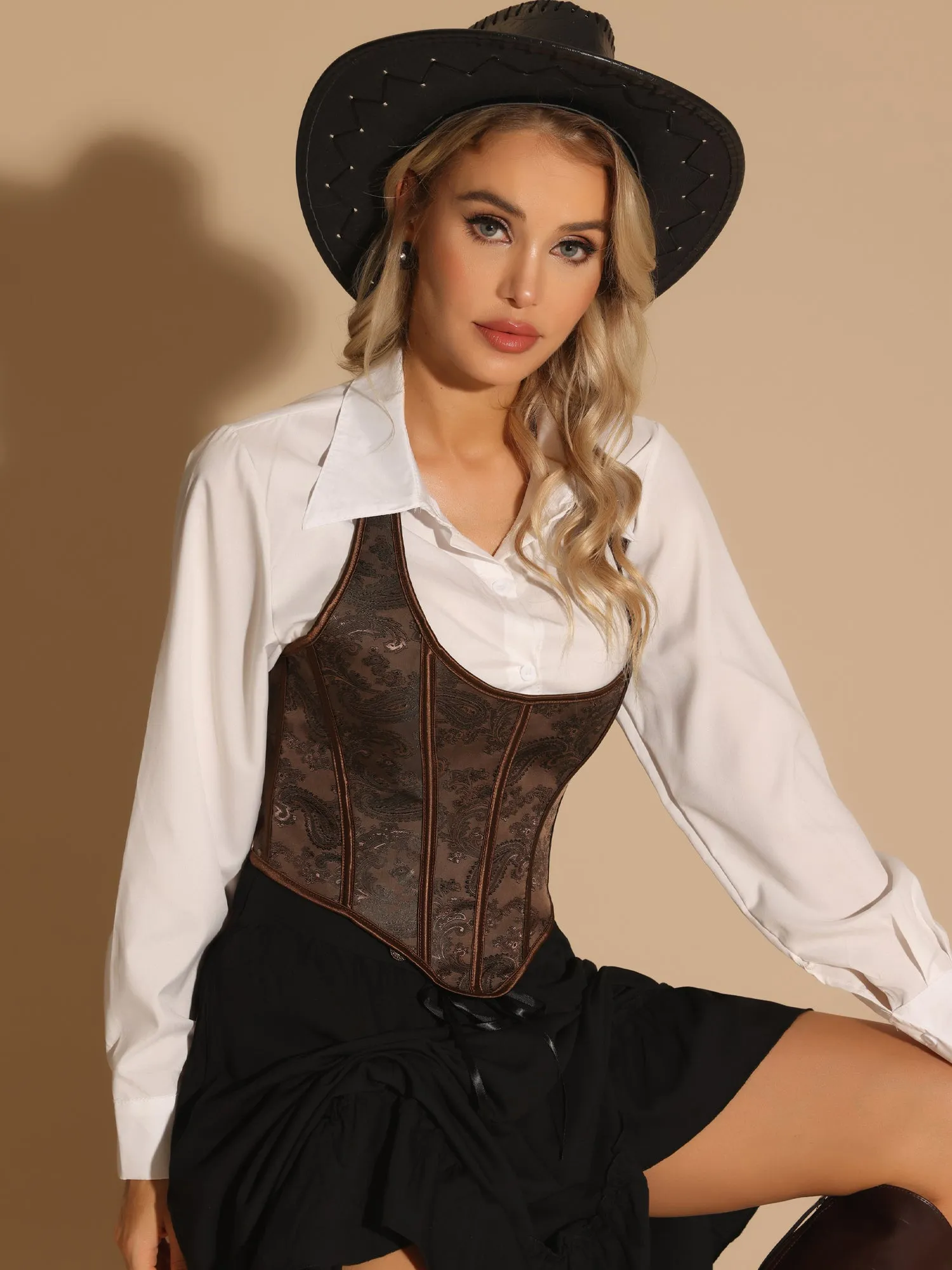 Halter Corset Paisley Lace Up Backless Boned Bustier Crop Top sold by Allegra K