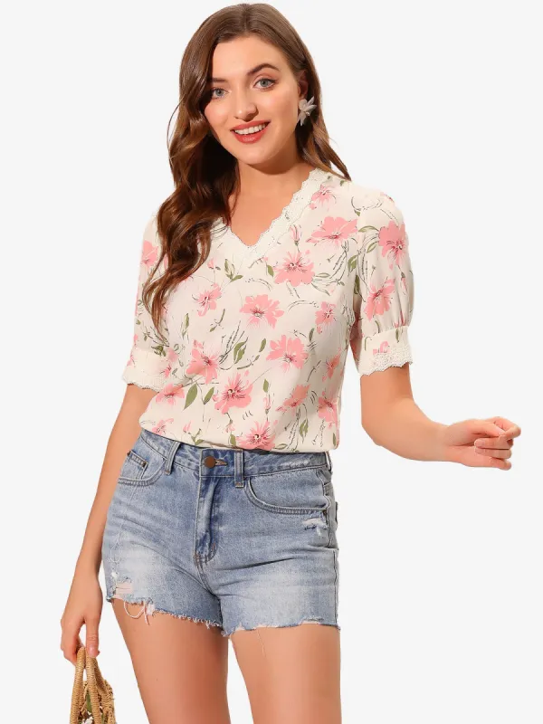 Floral Blouse Lace Trim V Neck Summer Shirt Top sold by Allegra K
