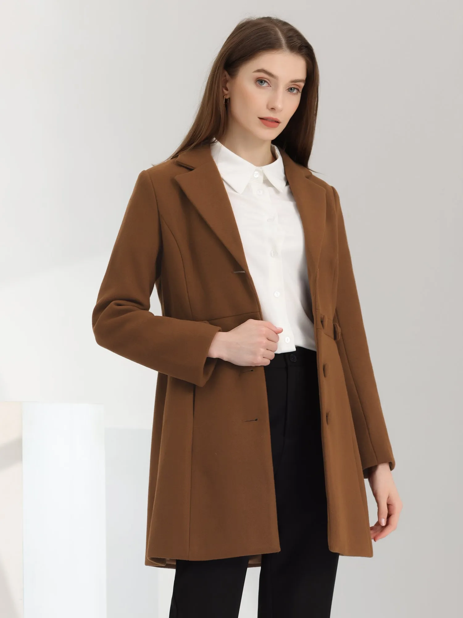 Notched Lapel Single Breasted Button Down Winter Coat sold by Allegra K