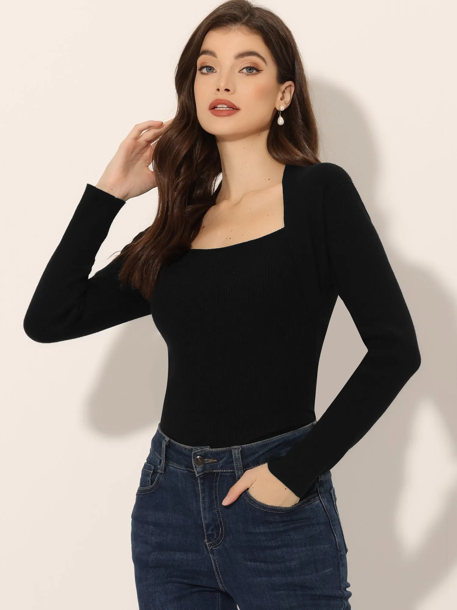 Square Neck Sweater Long Sleeve Slim Fit Ribbed Knit Tops sold by Allegra K product image thumbnail 2