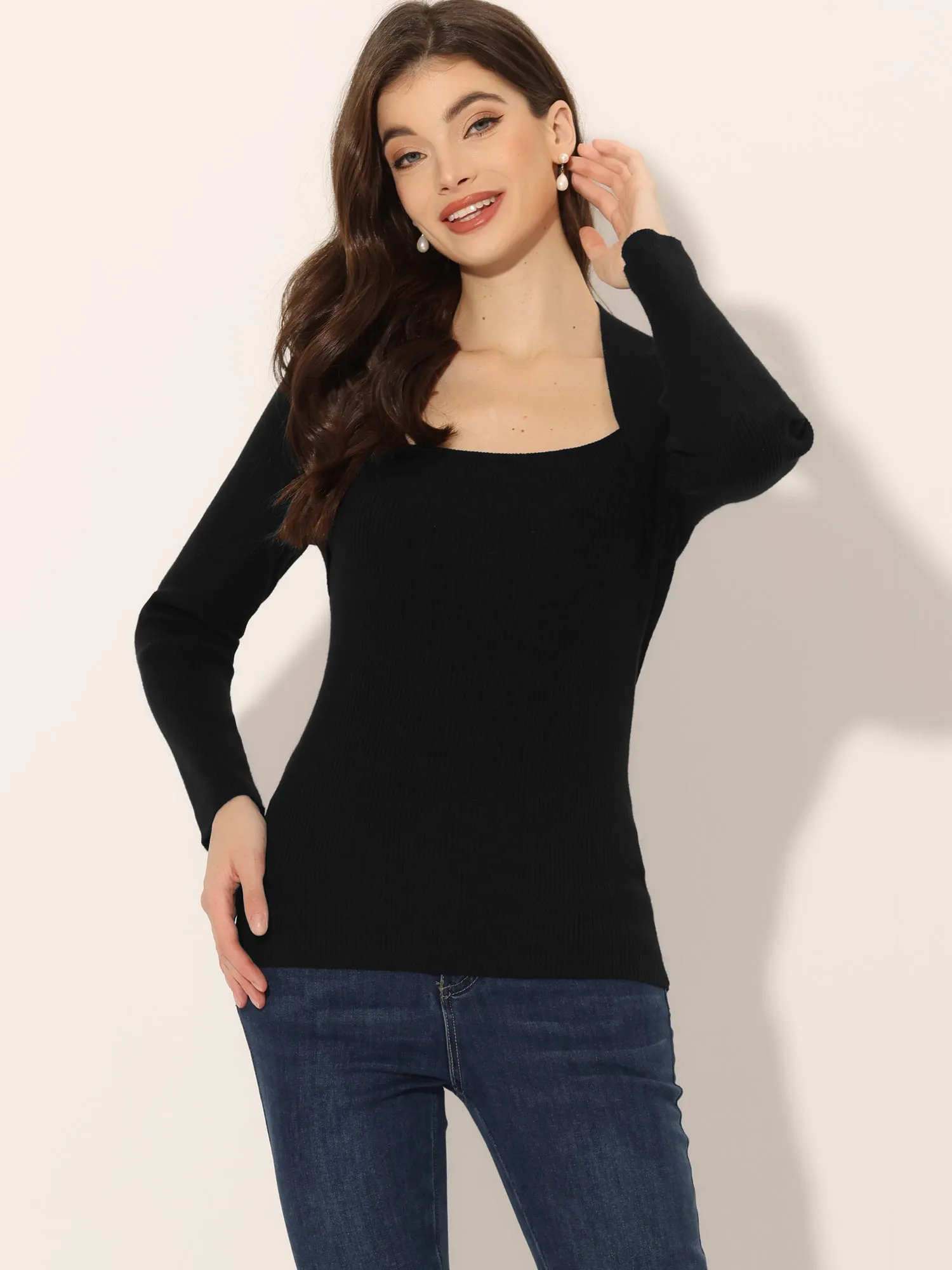 Square Neck Sweater Long Sleeve Slim Fit Ribbed Knit Tops sold by Allegra K