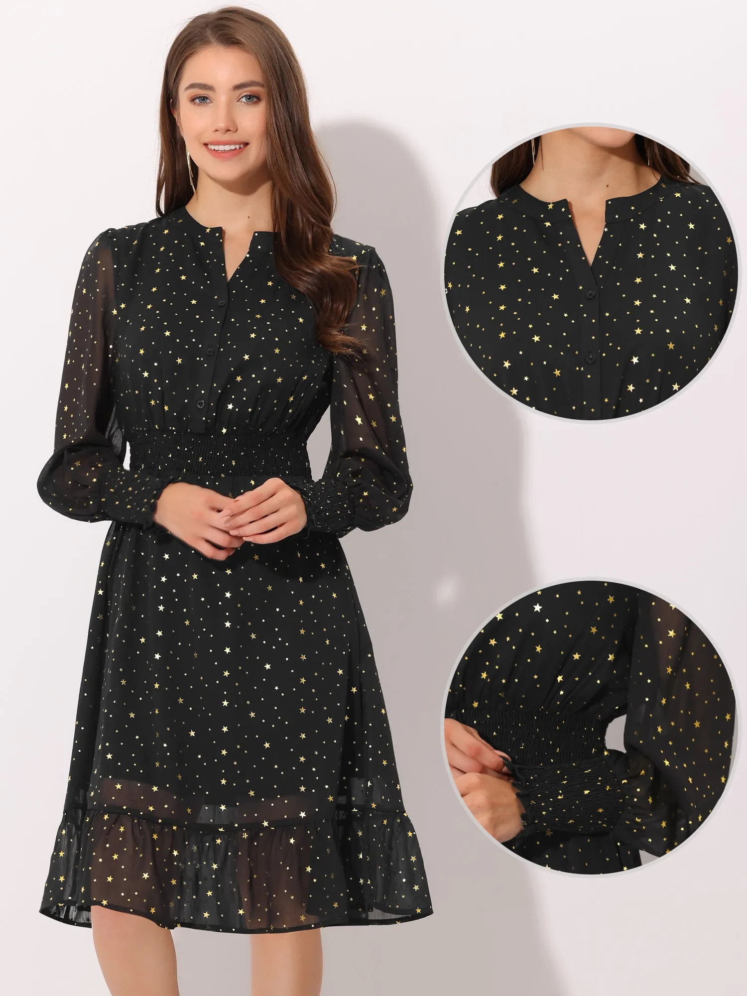 Metallic Star V Neck Button Up Smocked Chiffon Dress sold by Allegra K product image thumbnail 2