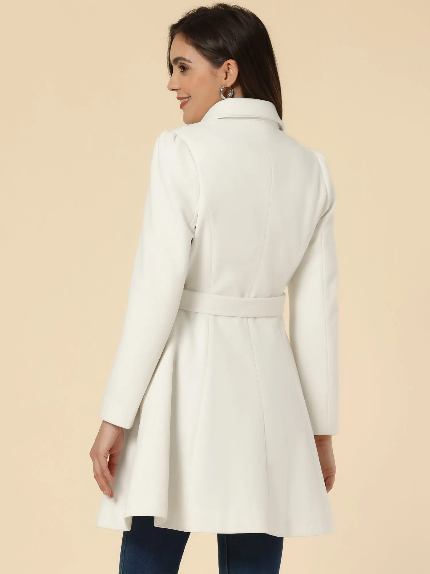 Winter Overcoat Turn Down Collar Belted Double Breasted Long Coat sold by Allegra K product image thumbnail 3