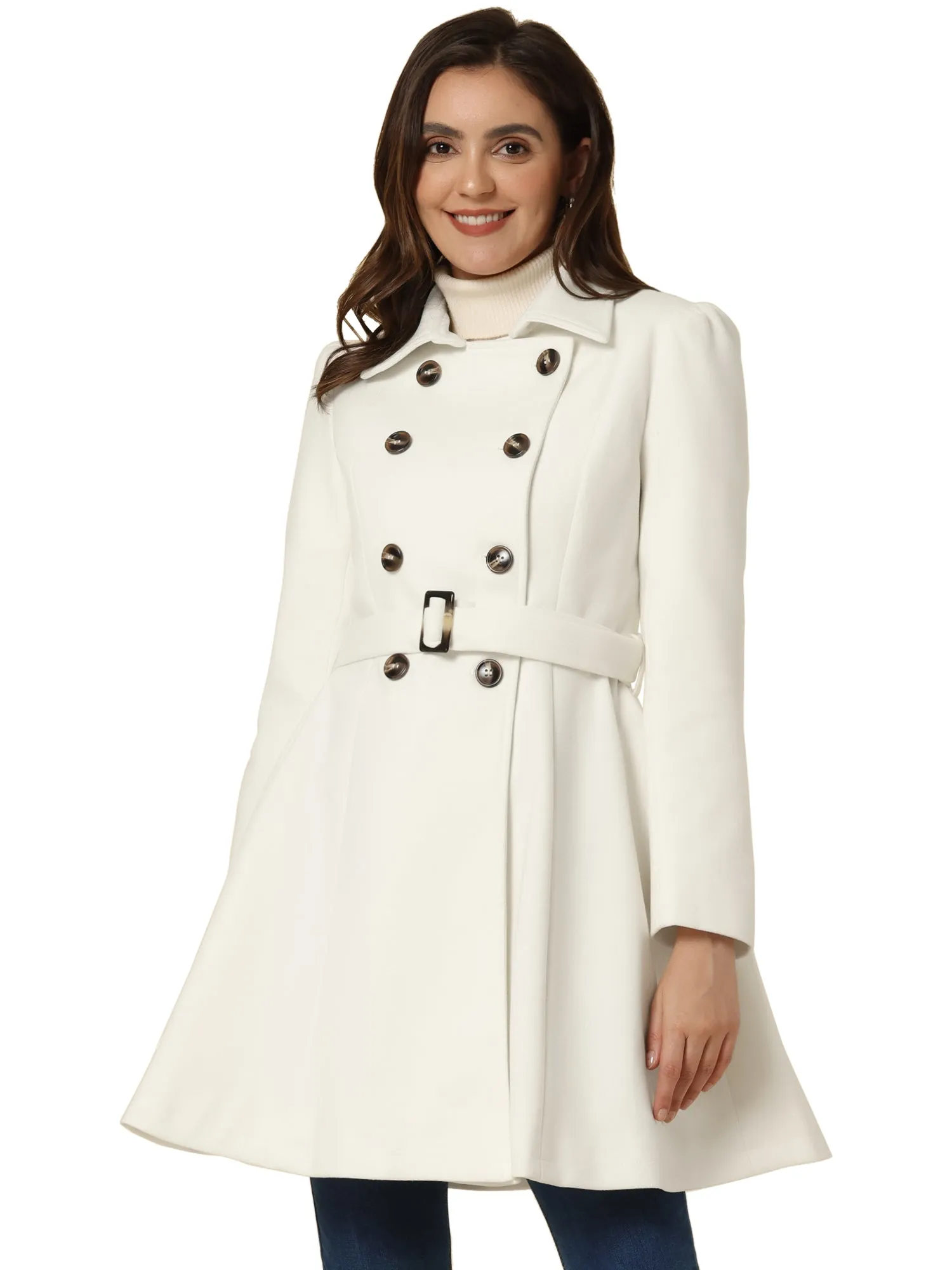 Winter Overcoat Turn Down Collar Belted Double Breasted Long Coat sold by Allegra K product image thumbnail 5