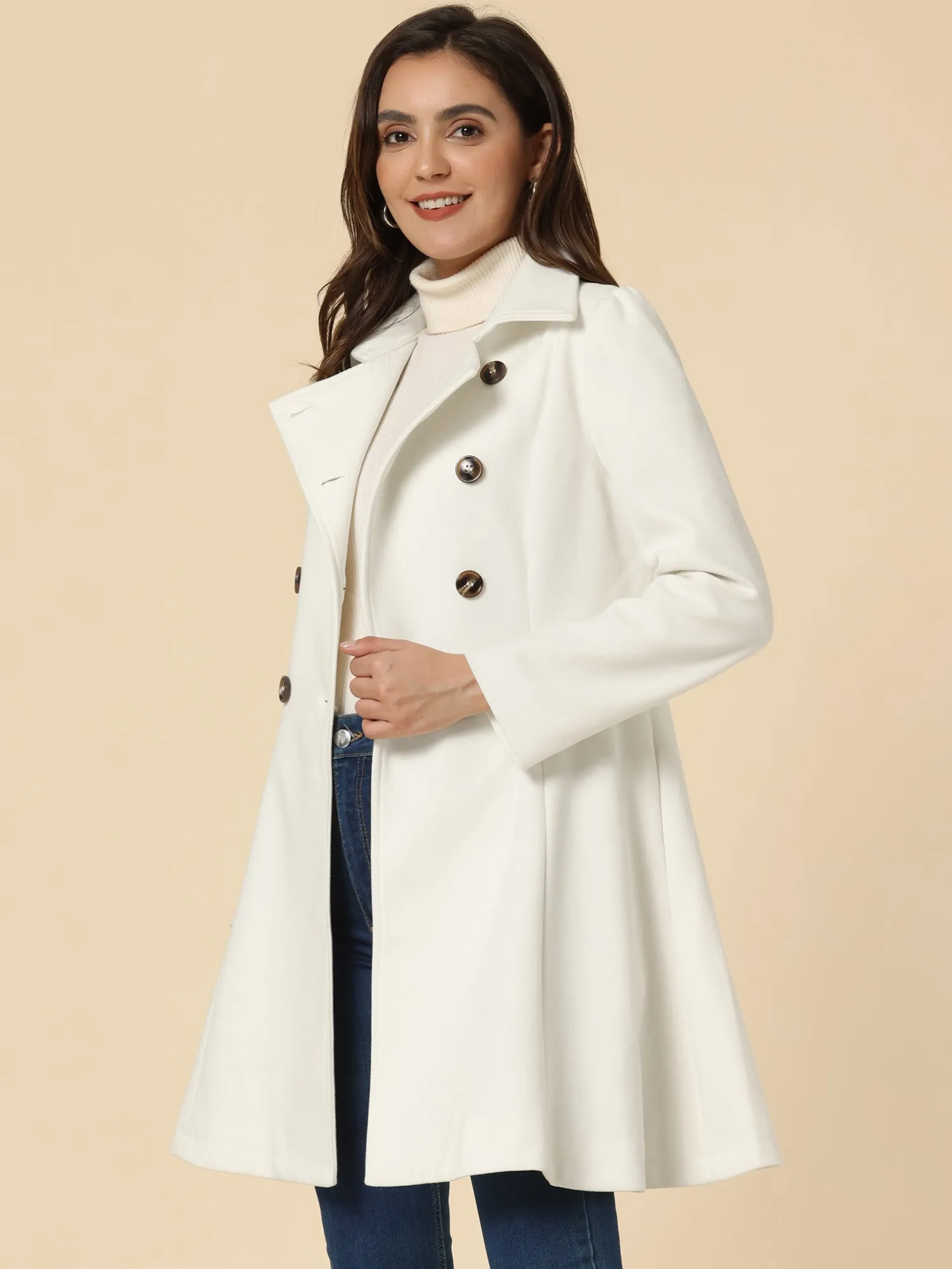 Winter Overcoat Turn Down Collar Belted Double Breasted Long Coat sold by Allegra K product image thumbnail 2