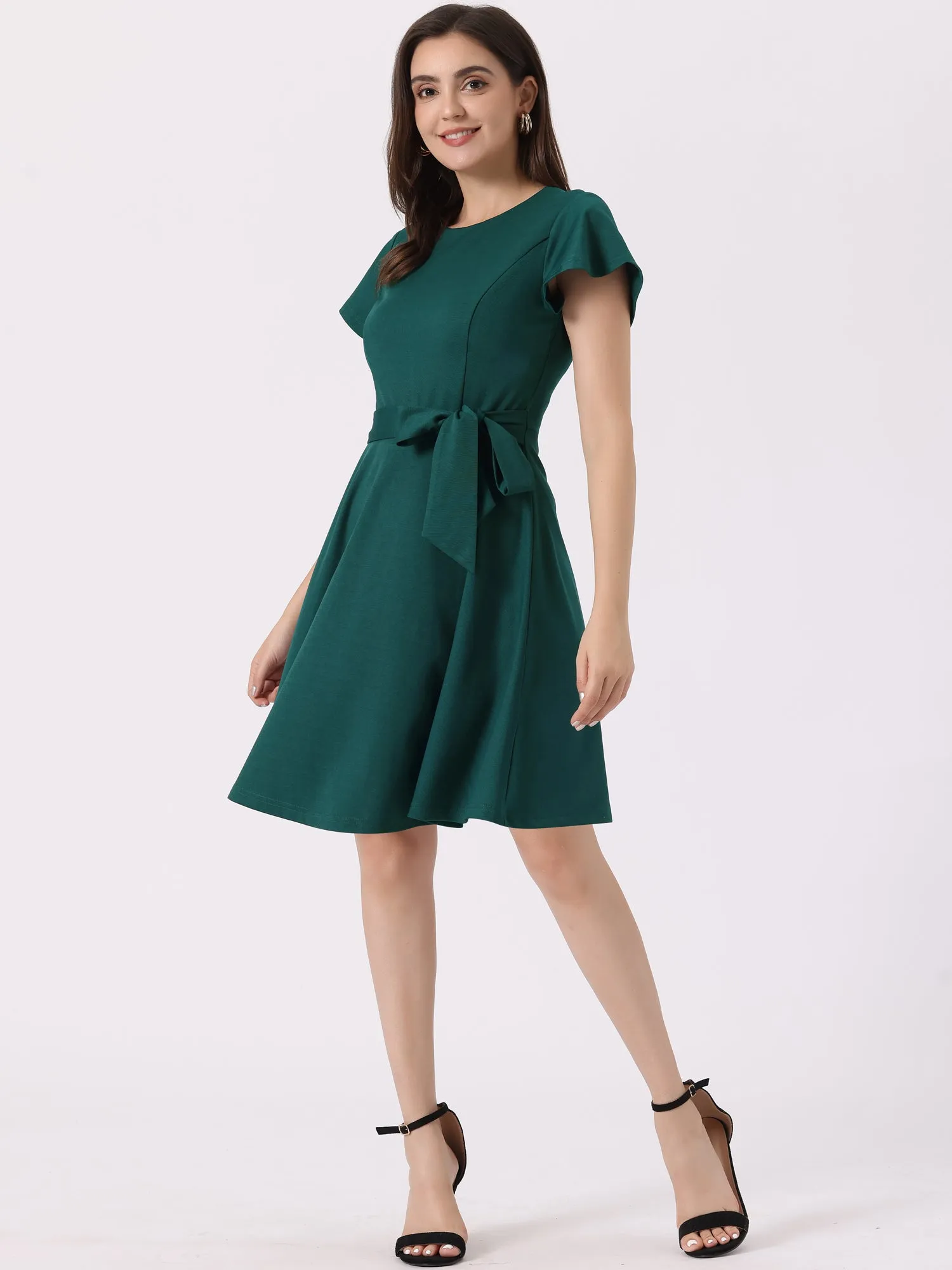 Tie Waist Round Neck Ruffle Short Sleeves Midi Dress sold by Allegra K