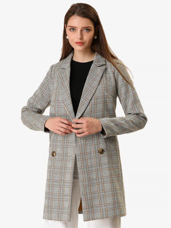 Double Breasted Notched Lapel Plaid Trench Blazer Coat sold by Allegra K