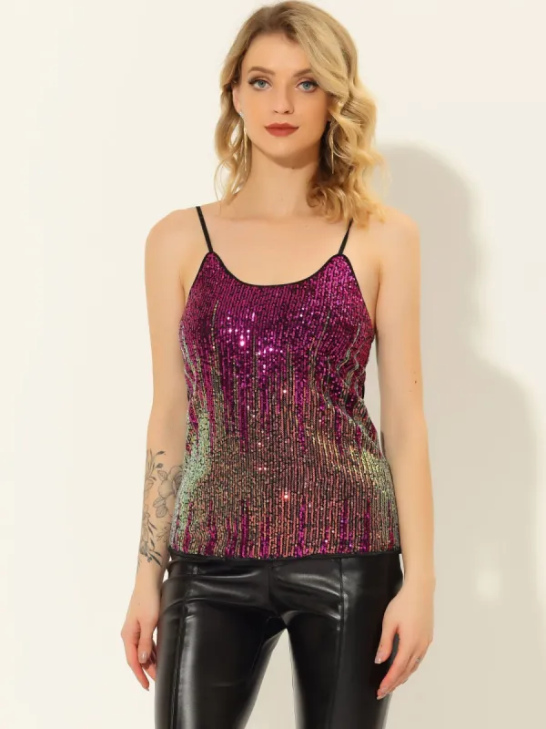 Sequin Disco Camisole Shiny Club Glitter Strappy Sparkle Cami Tops sold by Allegra K