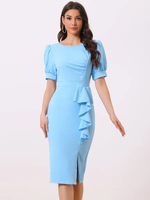 Puff Sleeve Solid Color Ruffle Slit Bodycon Midi Dress sold by Allegra K