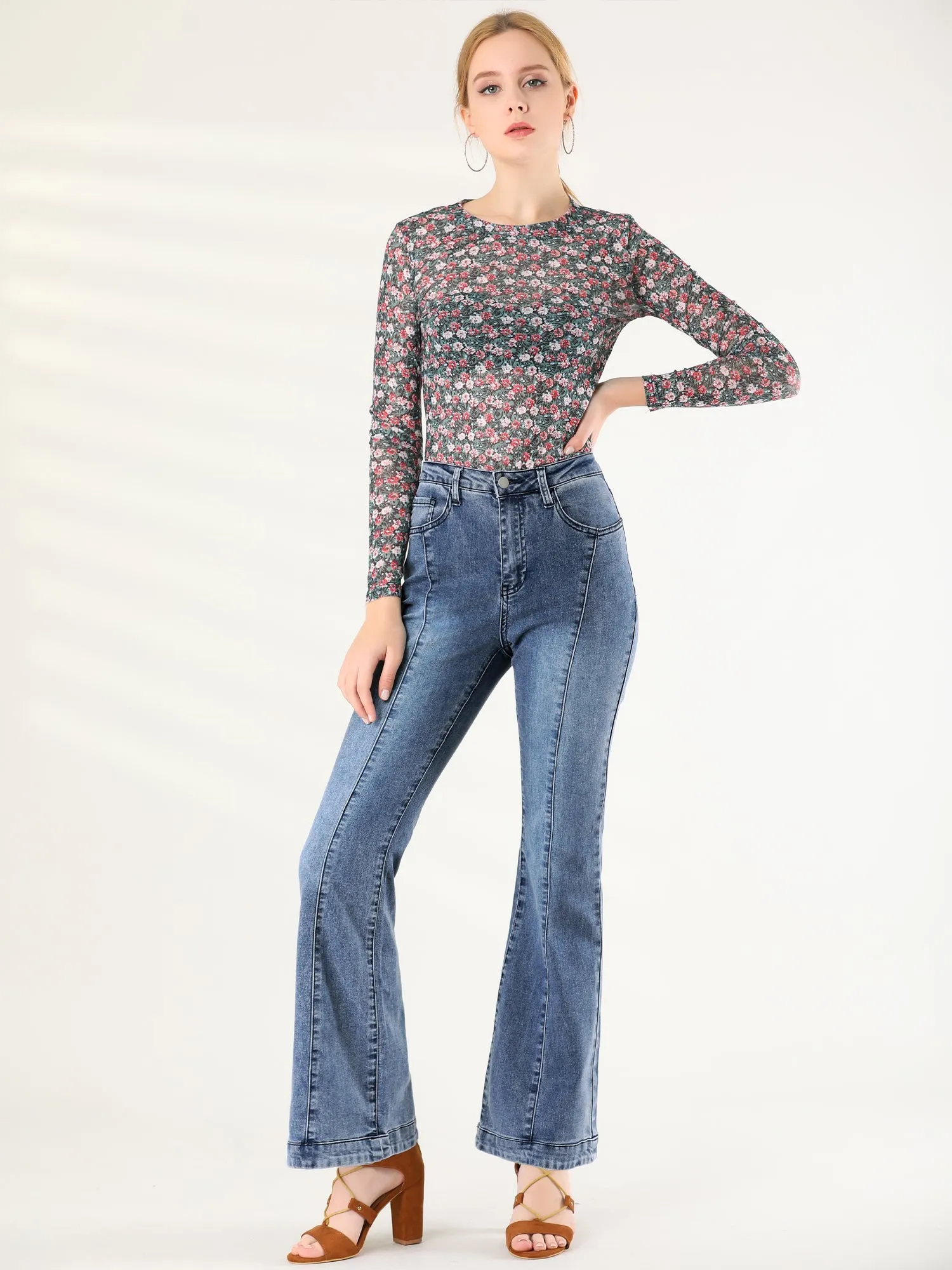 High Waist Flare Retro Stretchy Denim Pants Bell Jeans sold by Allegra K product image thumbnail 2