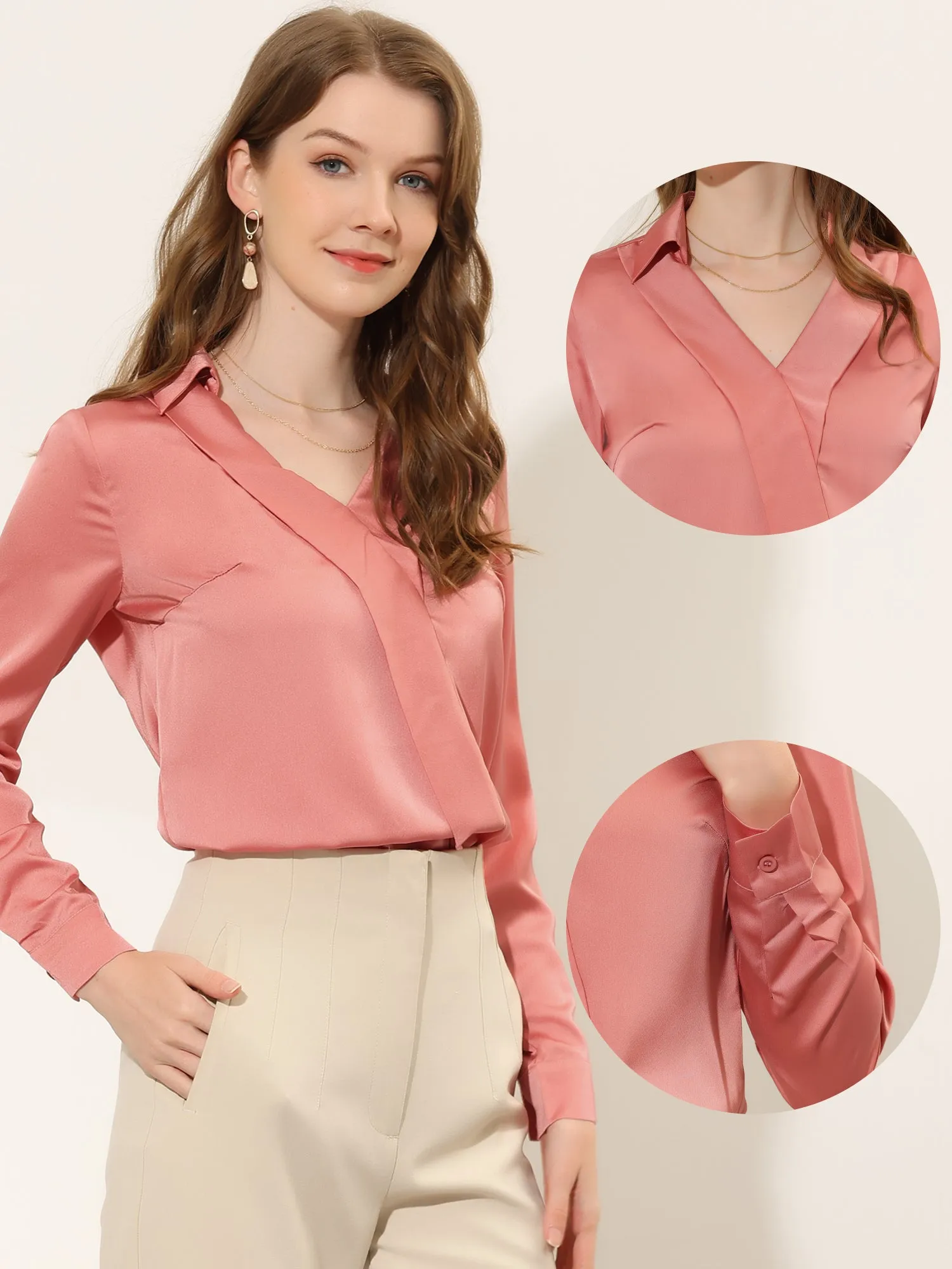Work Office Blouse Elegant Collared Y Neck Satin Top sold by Allegra K product image thumbnail 2