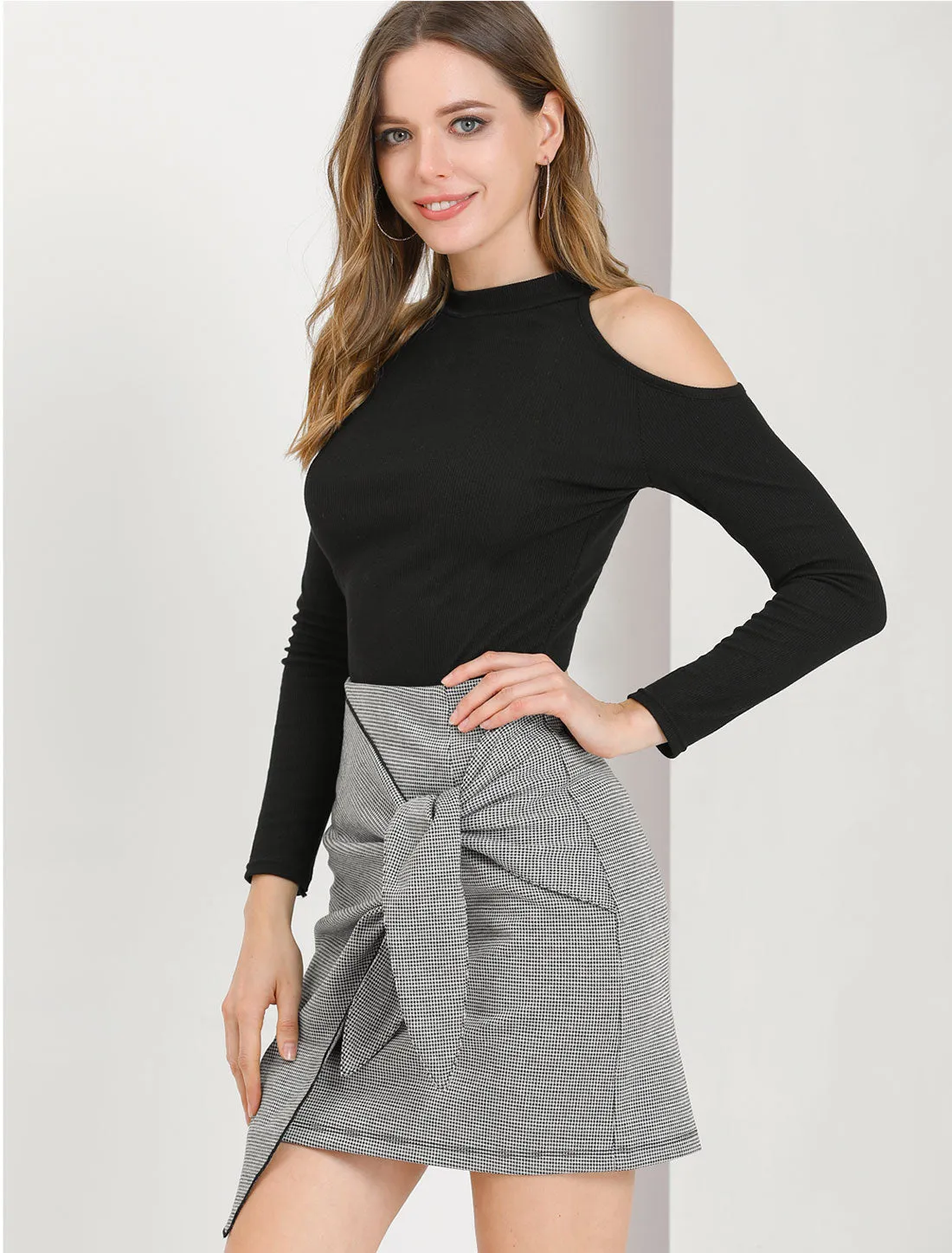 Houndstooth Tie Waist Straight Work Wrap Mini Skirt sold by Allegra K product image thumbnail 3