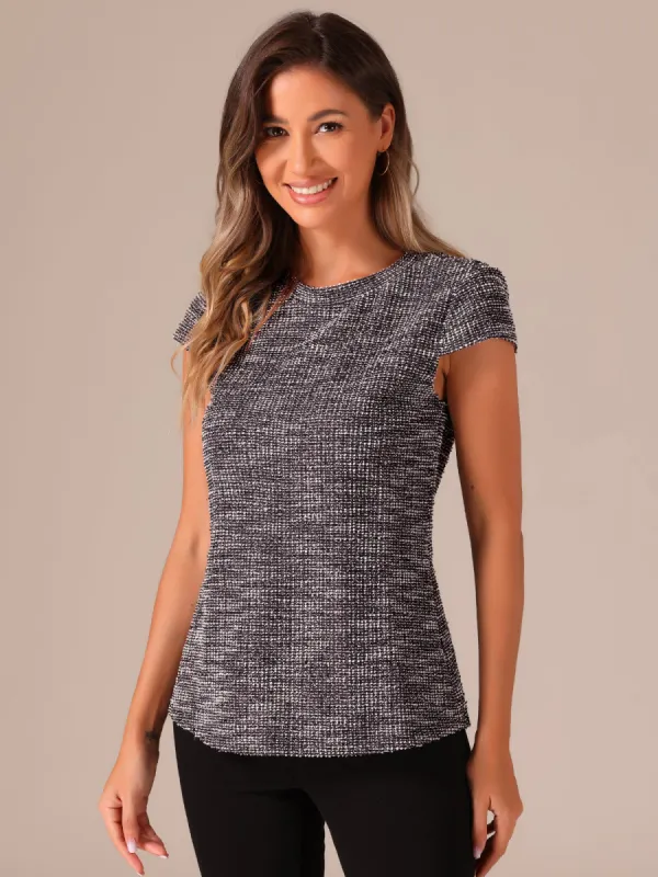Tweed Round Neck Cap Sleeve Casual Blouse sold by Allegra K