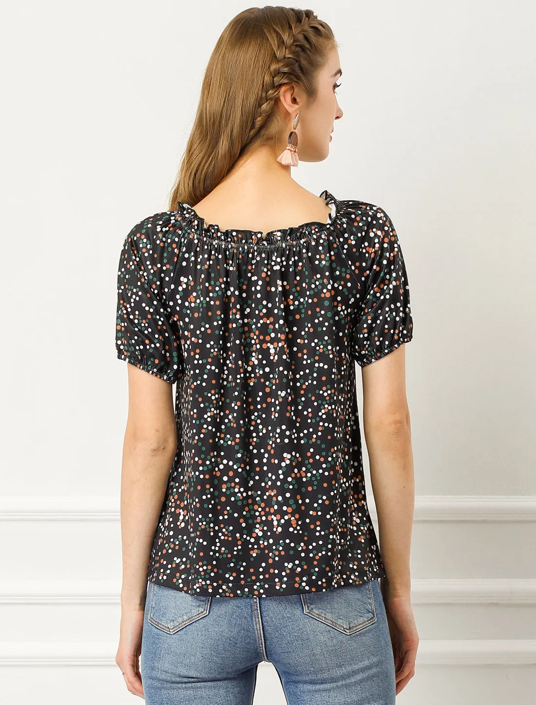 Ruffled Round Neck Raglan Sleeve Summer Polka Dots Blouse Top sold by Allegra K product image thumbnail 4