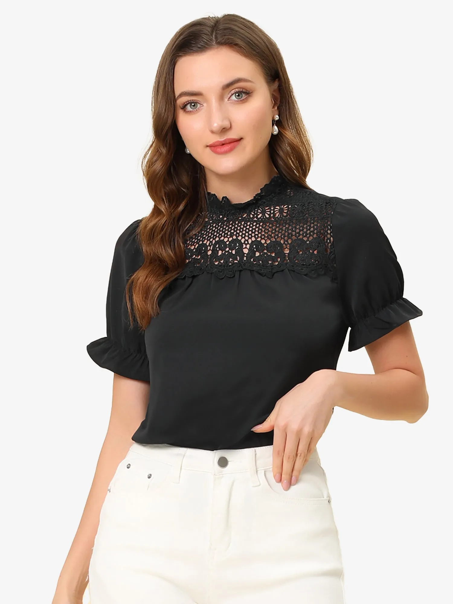 Elegant Lace Crochet Puff Sleeve Bohemian Ruffled Collar Blouse Top sold by Allegra K