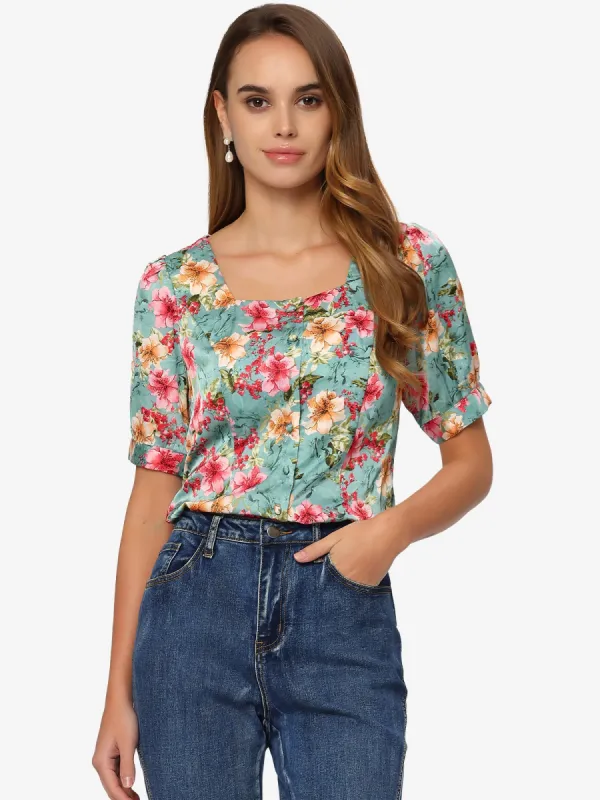Satin Floral Top Button Down Hawaiian Square Neck Blouse sold by Allegra K