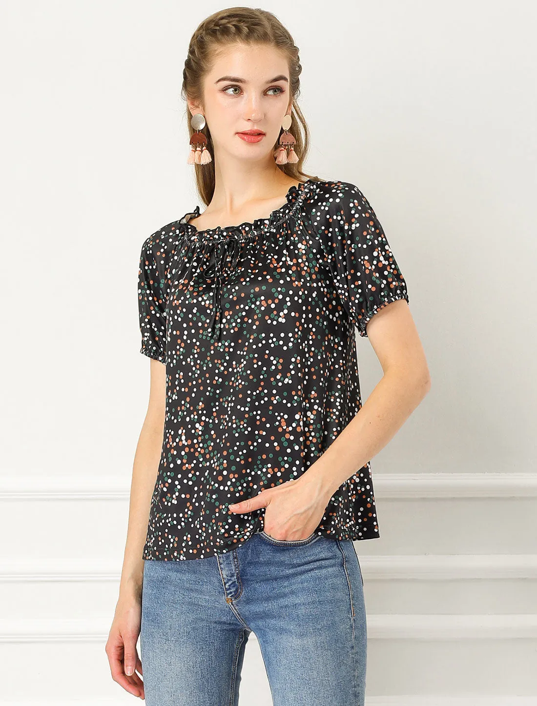 Ruffled Round Neck Raglan Sleeve Summer Polka Dots Blouse Top sold by Allegra K product image thumbnail 3