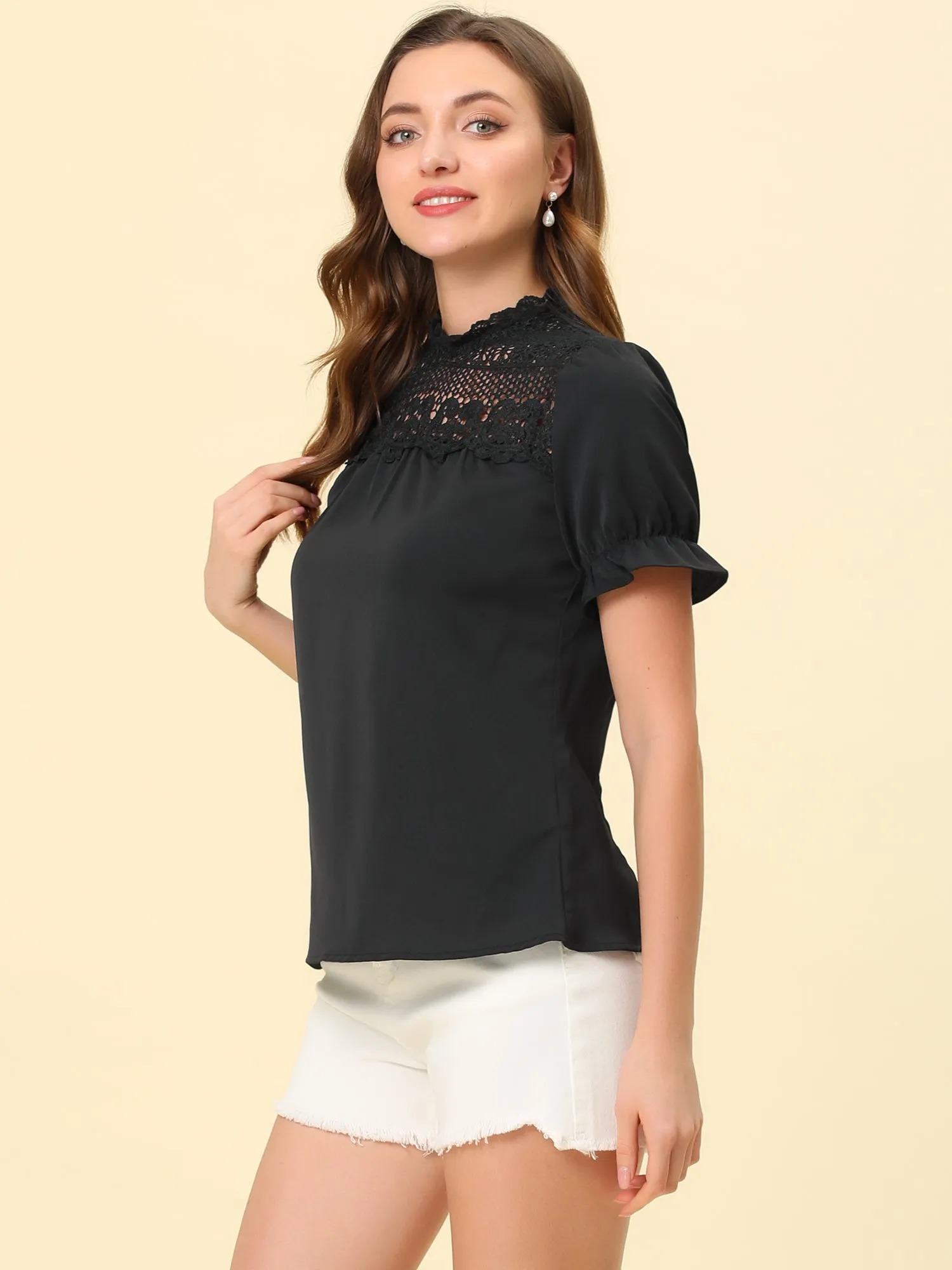 Elegant Lace Crochet Puff Sleeve Bohemian Ruffled Collar Blouse Top sold by Allegra K product image thumbnail 3