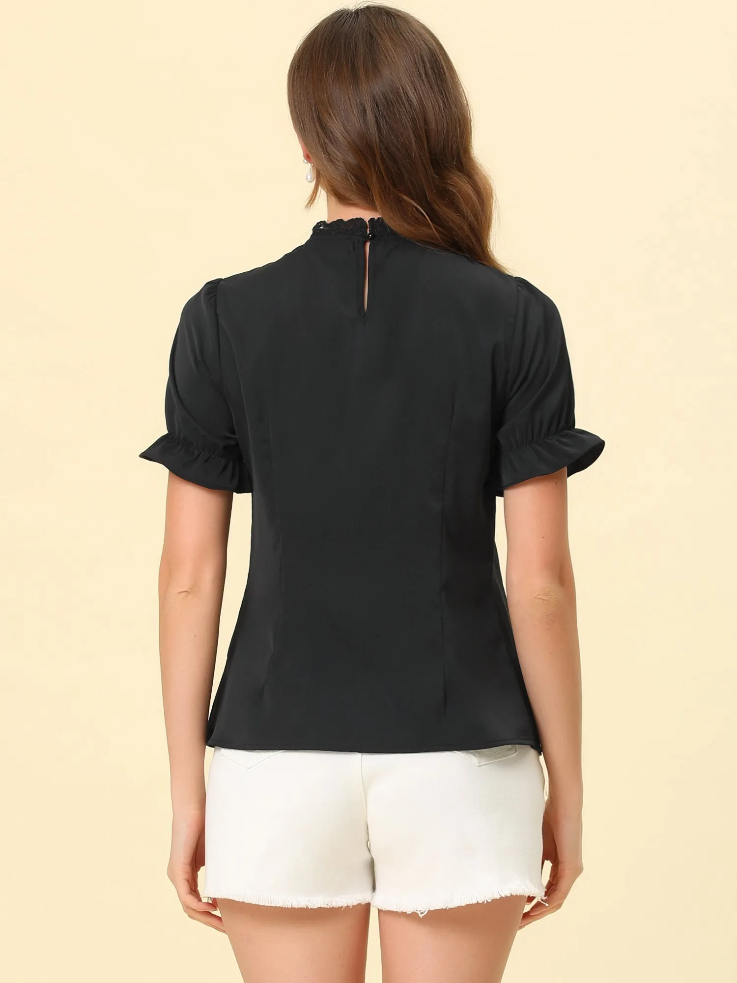 Elegant Lace Crochet Puff Sleeve Bohemian Ruffled Collar Blouse Top sold by Allegra K product image thumbnail 4