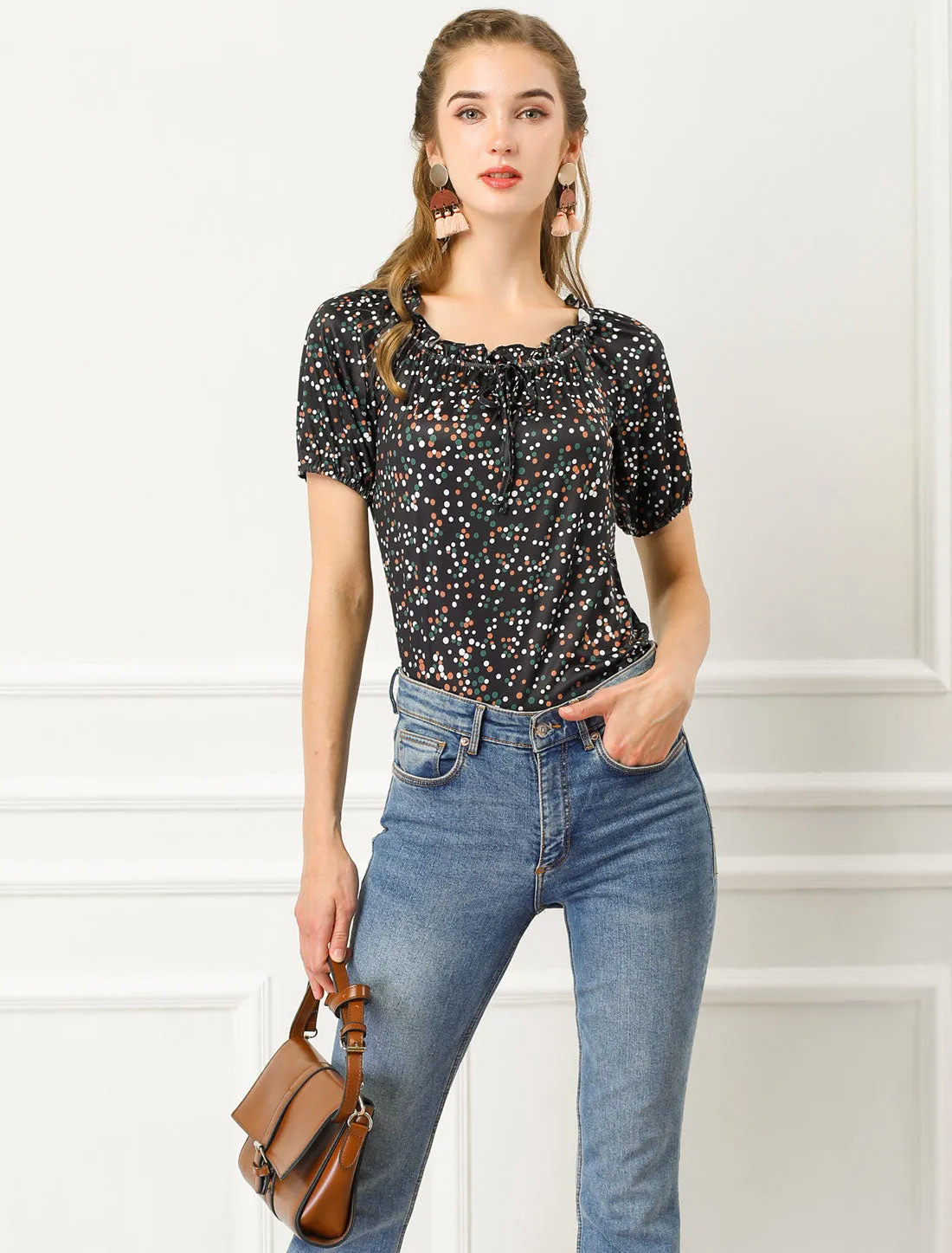 Ruffled Round Neck Raglan Sleeve Summer Polka Dots Blouse Top sold by Allegra K product image thumbnail 2