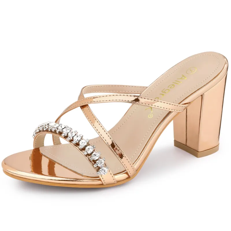 Crisscross Strap Open Toe Rhinestone Block Heel Slide Sandals sold by Allegra K