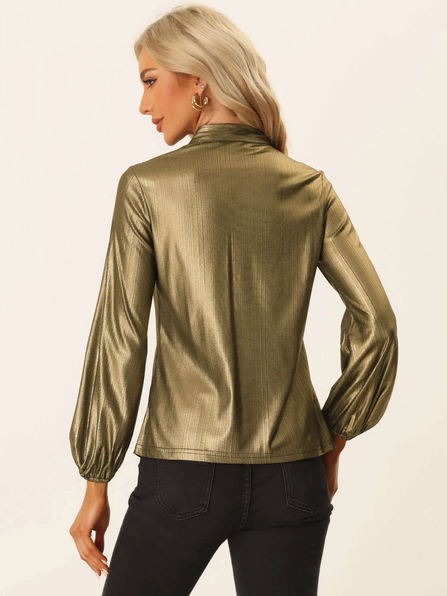 Metallic Shiny Blouse Tie Neck Party Long Sleeve Shirt sold by Allegra K product image thumbnail 3