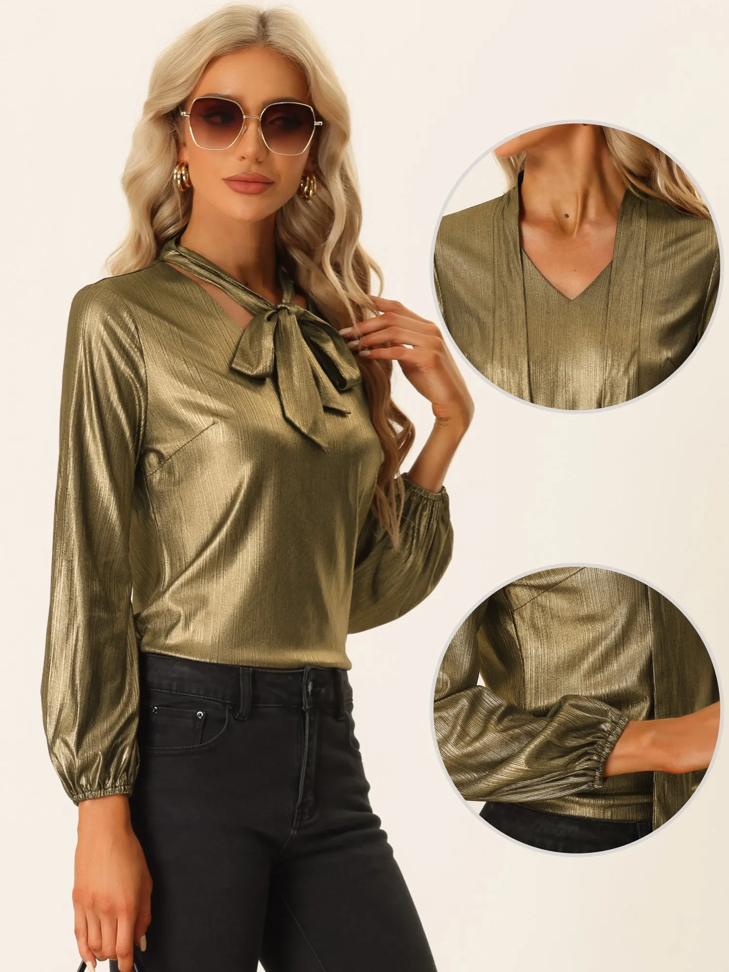 Metallic Shiny Blouse Tie Neck Party Long Sleeve Shirt sold by Allegra K product image thumbnail 2