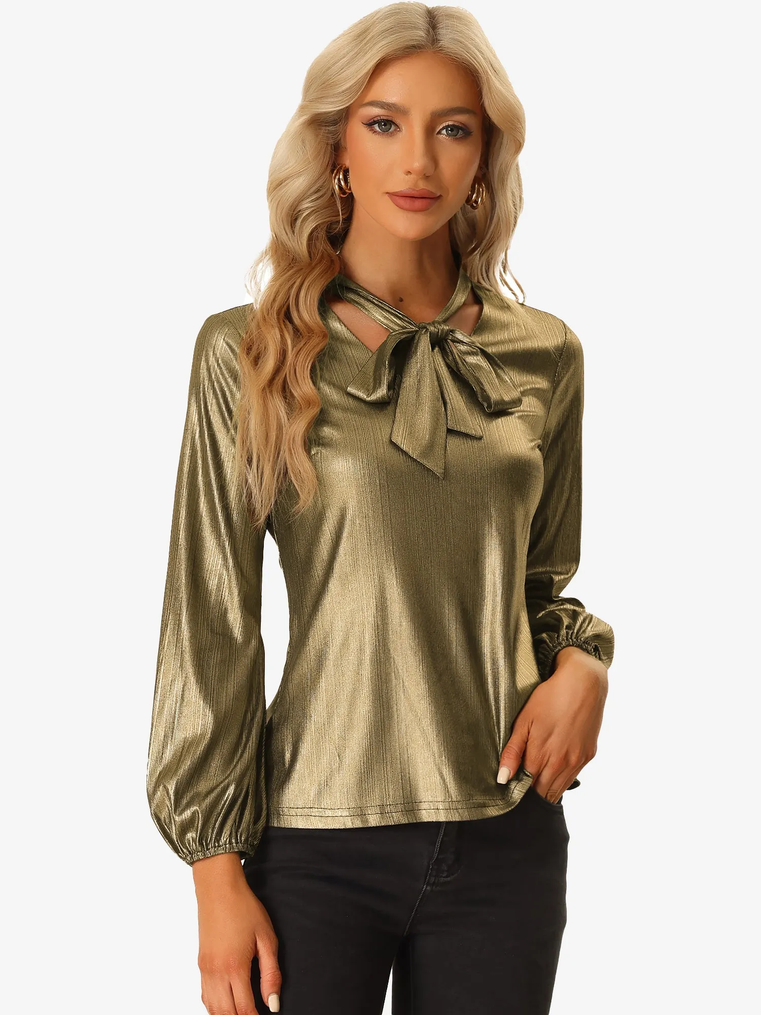 Metallic Shiny Blouse Tie Neck Party Long Sleeve Shirt sold by Allegra K