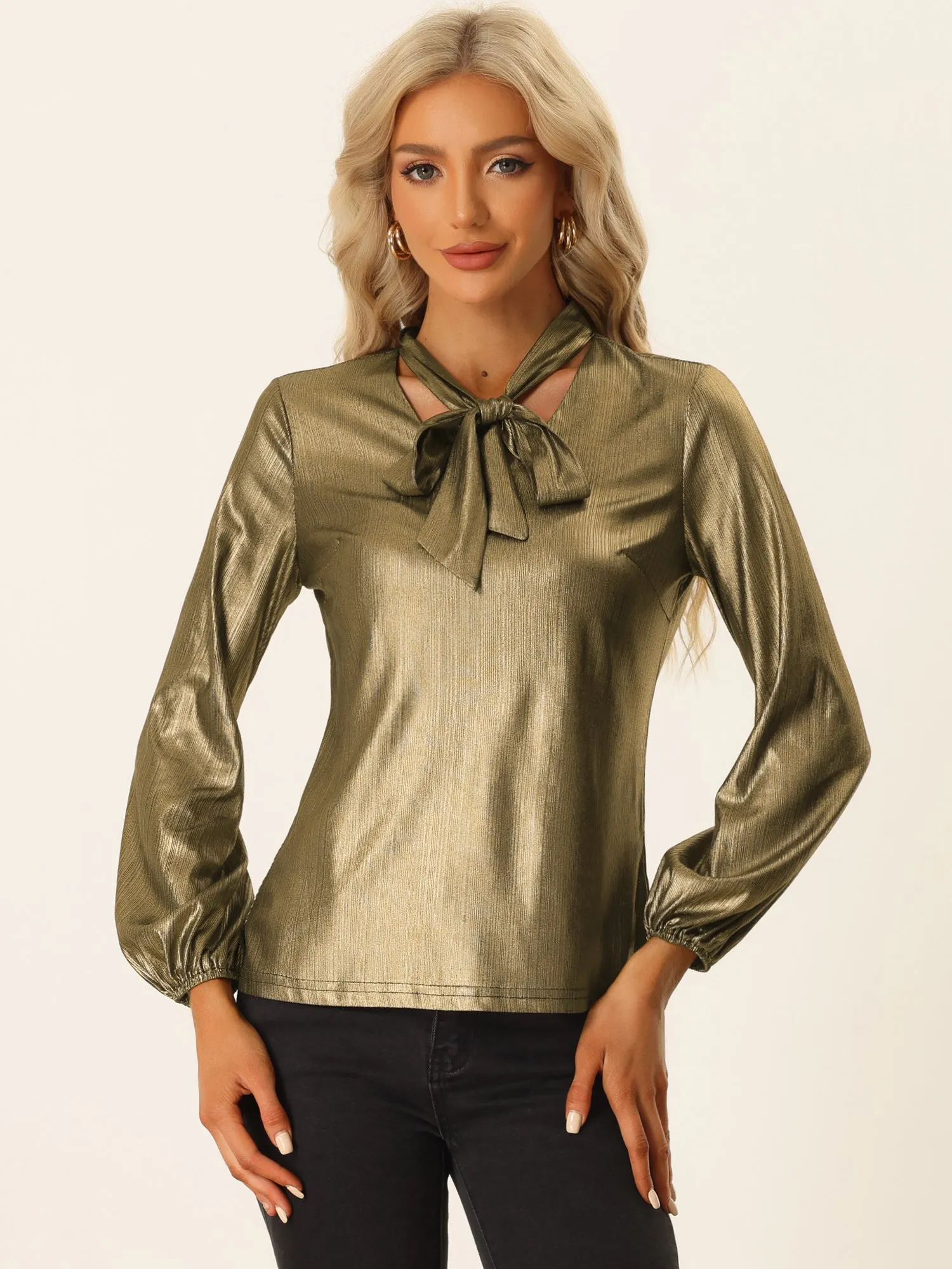 Metallic Shiny Blouse Tie Neck Party Long Sleeve Shirt sold by Allegra K product image thumbnail 4