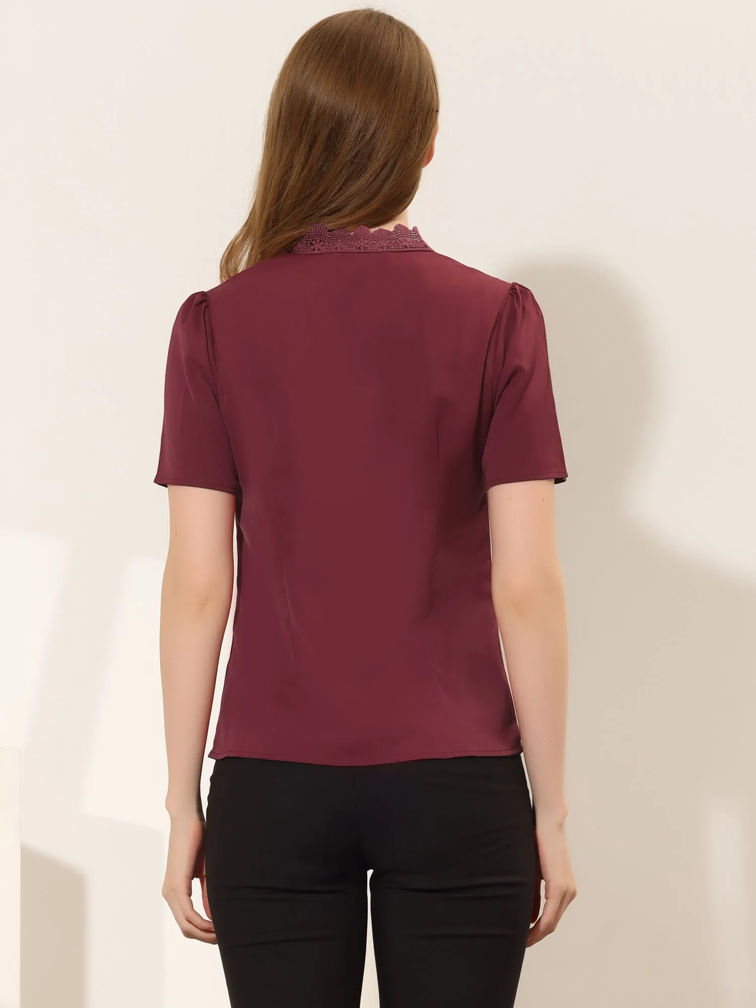 Casual Top V Neck Lace Eyelet Puff Short Sleeve Work Blouse sold by Allegra K product image thumbnail 3