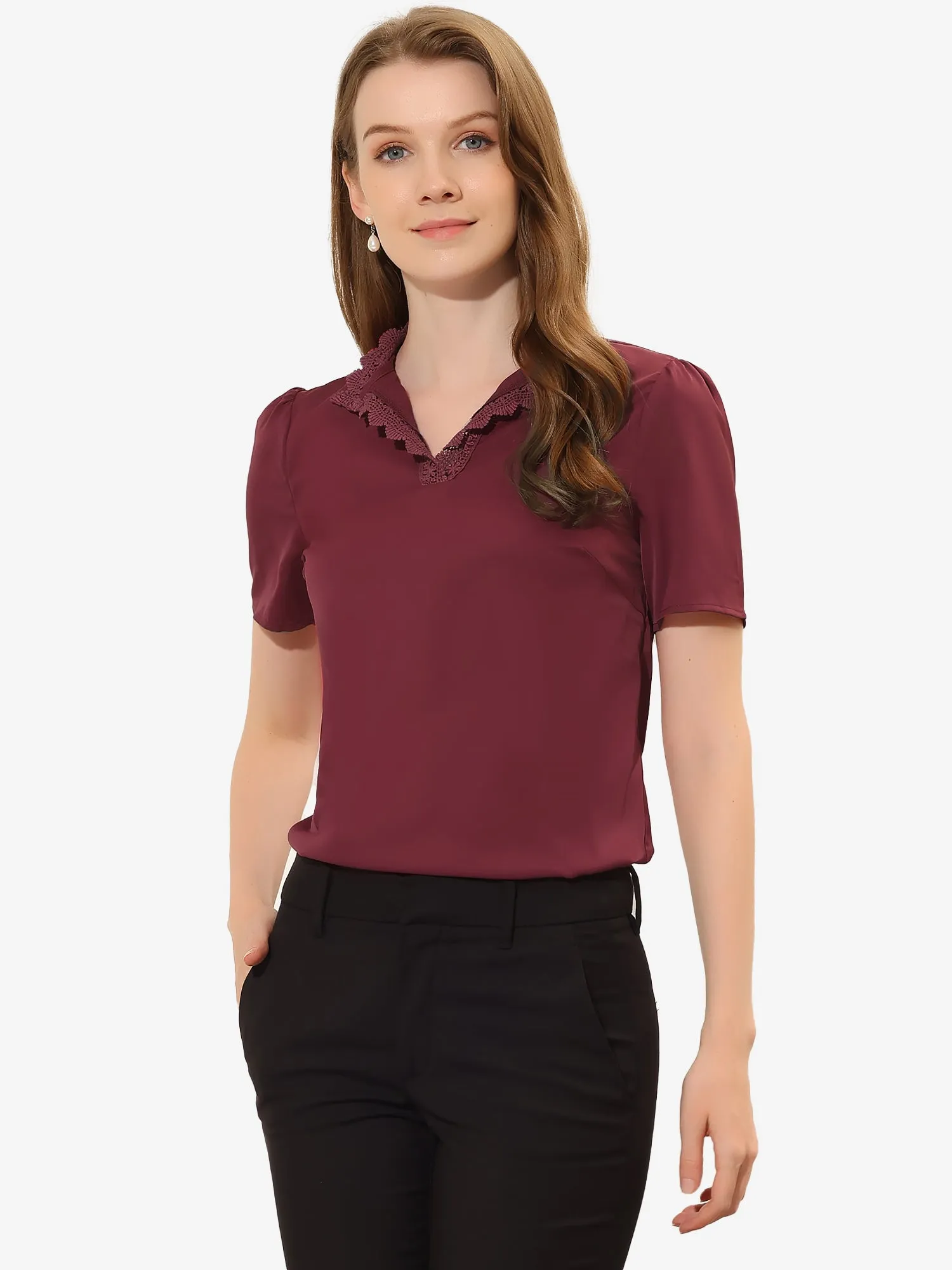 Casual Top V Neck Lace Eyelet Puff Short Sleeve Work Blouse sold by Allegra K