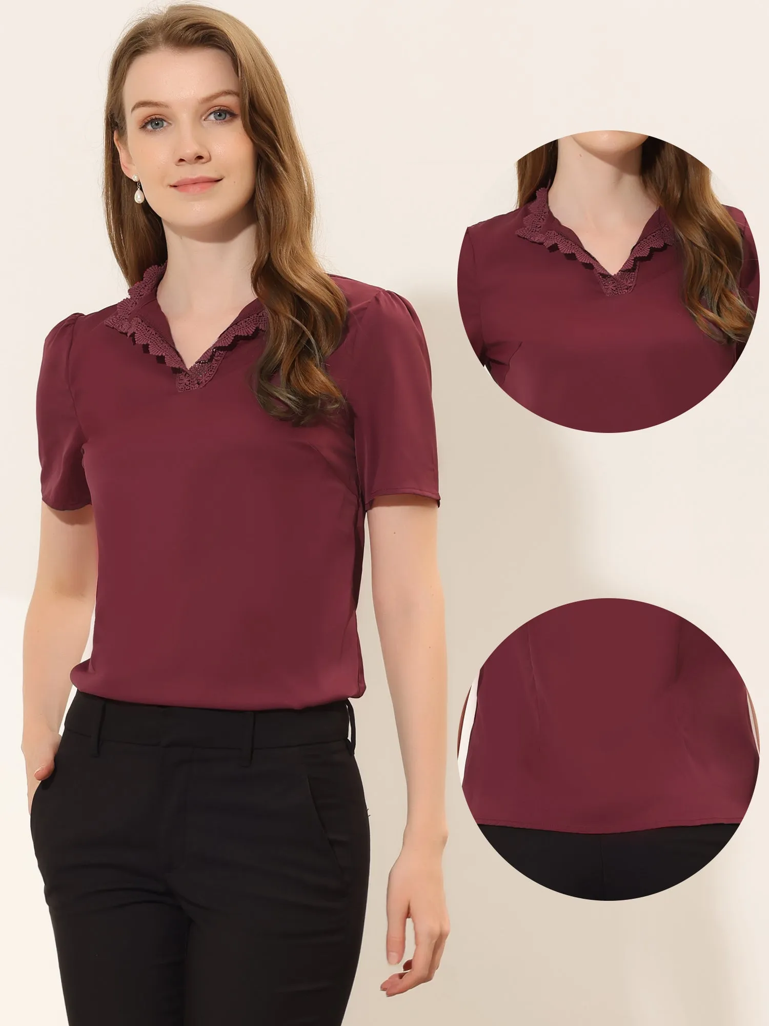 Casual Top V Neck Lace Eyelet Puff Short Sleeve Work Blouse sold by Allegra K product image thumbnail 2