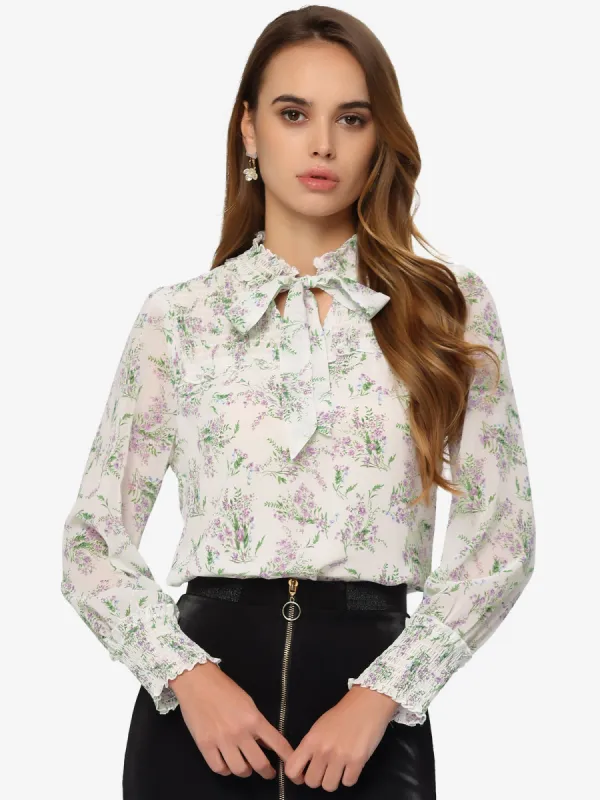Floral Blouse Shirred Long Sleeve Spring Tie Frill Neck Tops sold by Allegra K
