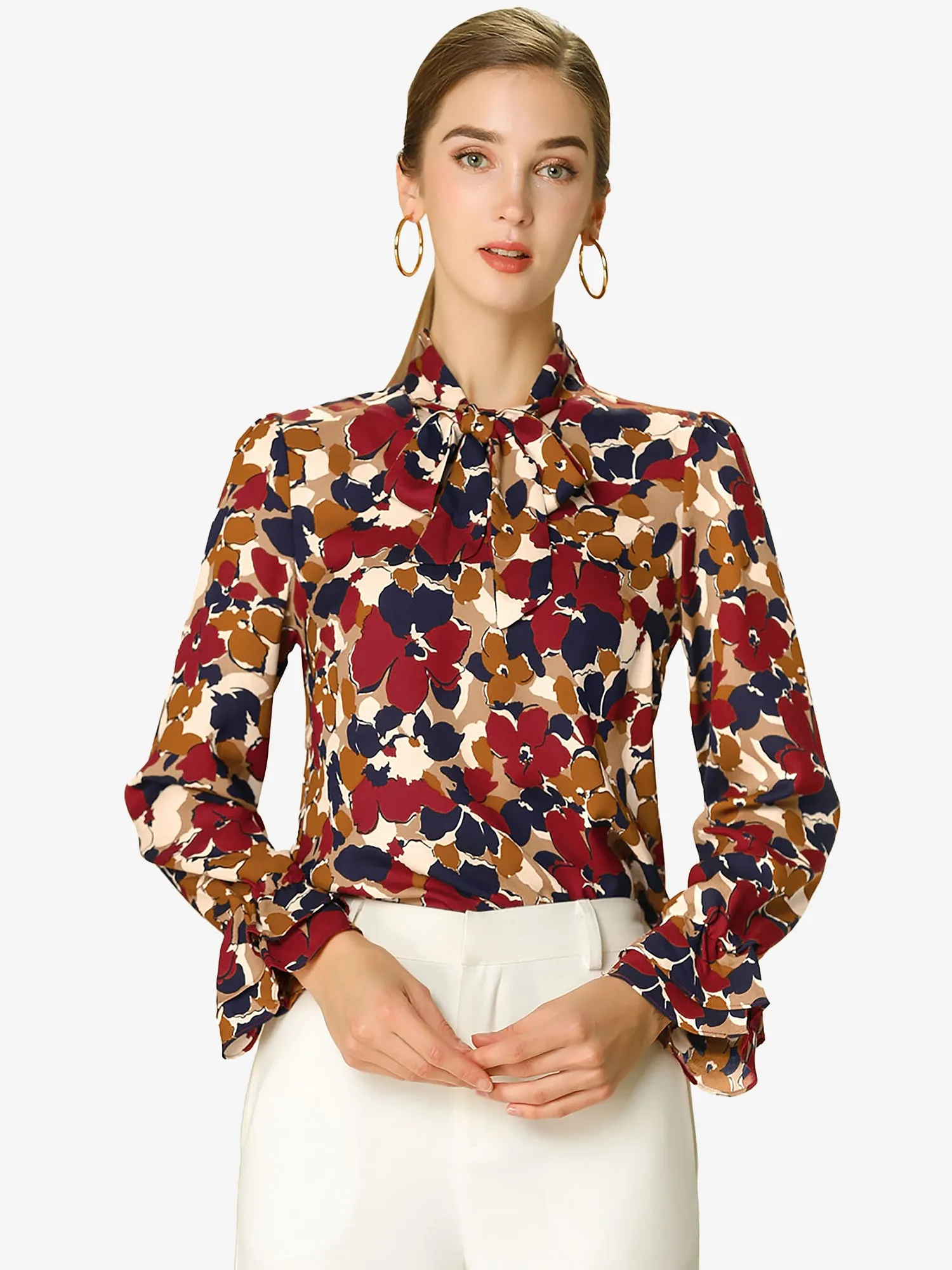 Valentine's Day Floral Tie V Neck Blouse Chiffon Ruffle Trumpet Top sold by Allegra K