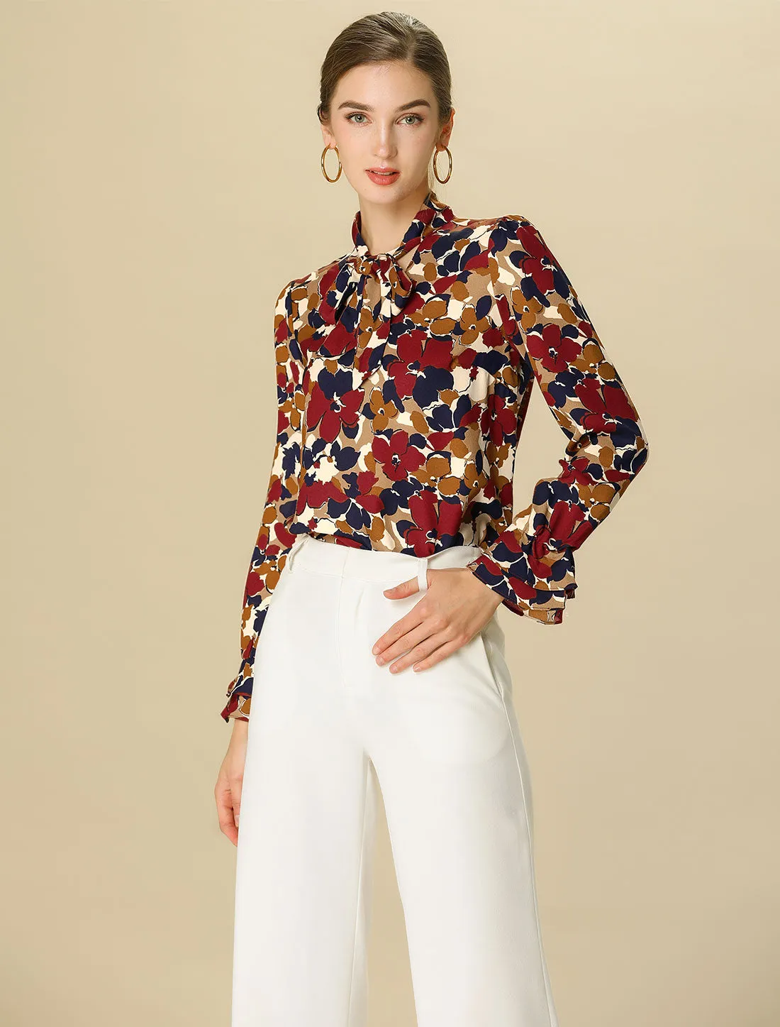 Valentine's Day Floral Tie V Neck Blouse Chiffon Ruffle Trumpet Top sold by Allegra K product image thumbnail 3