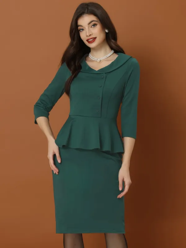 Vintage 3/4 Sleeve Dress Navy Collar Button Front Closure sold by Allegra K