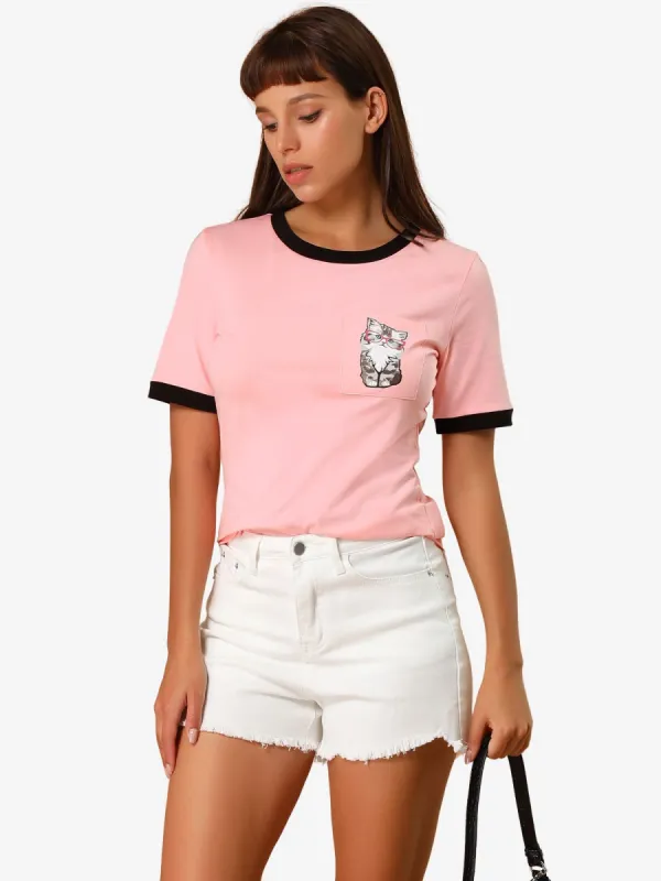 Cartoon Cat Print Contrast Crew Neck Short Sleeve T Shirt sold by Allegra K