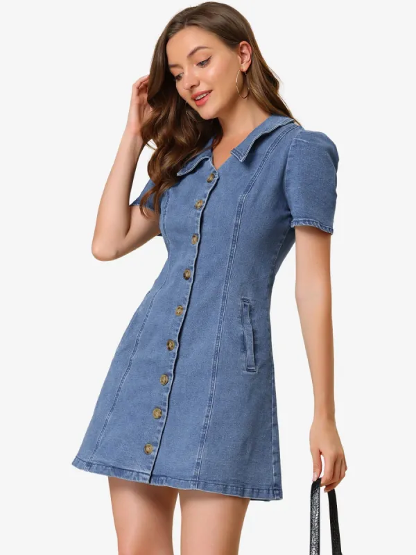 Button Down Collared Short Sleeve Jean Denim Shirt Dress sold by Allegra K