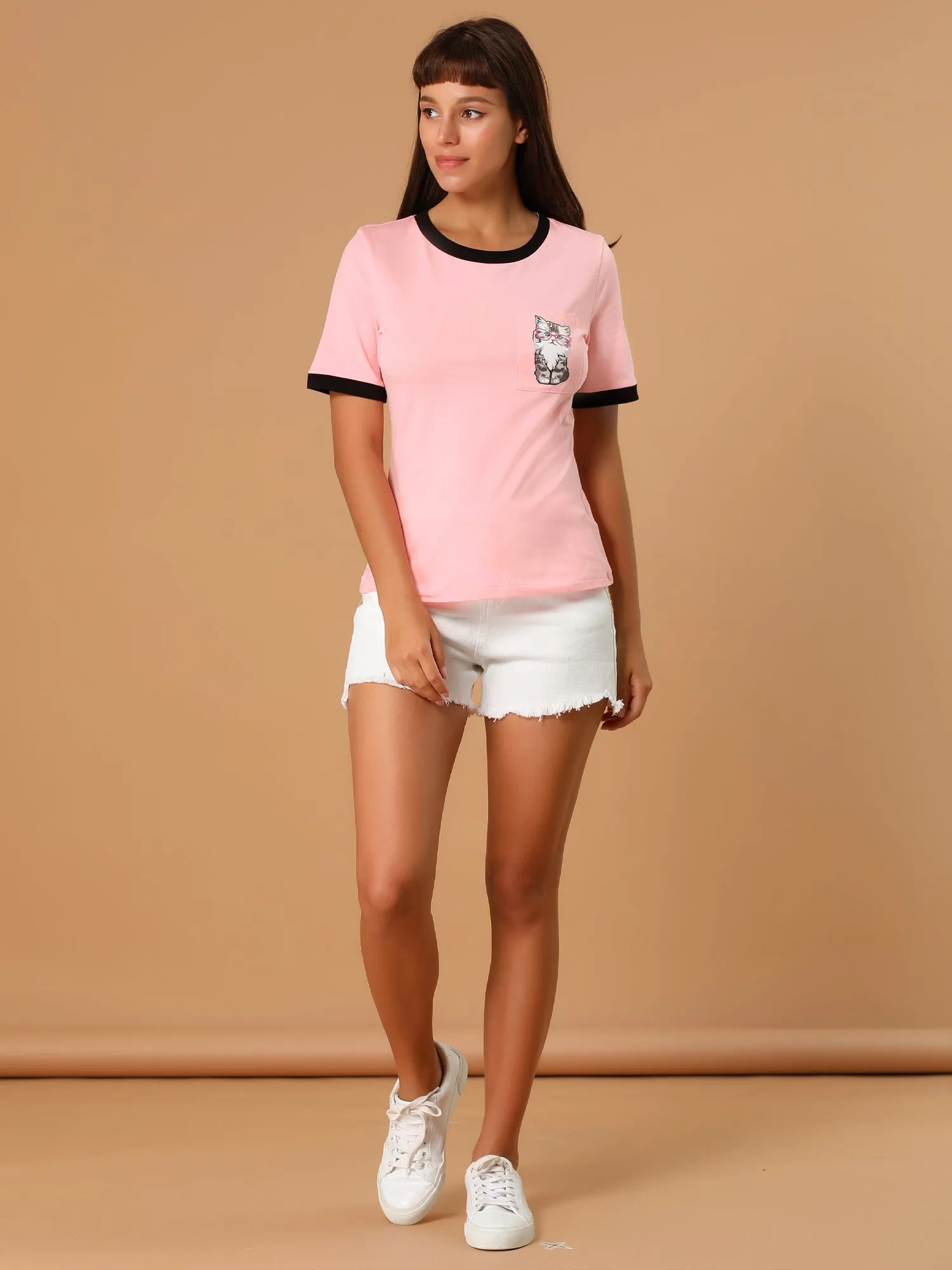 Cartoon Cat Print Contrast Crew Neck Short Sleeve T Shirt sold by Allegra K product image thumbnail 2