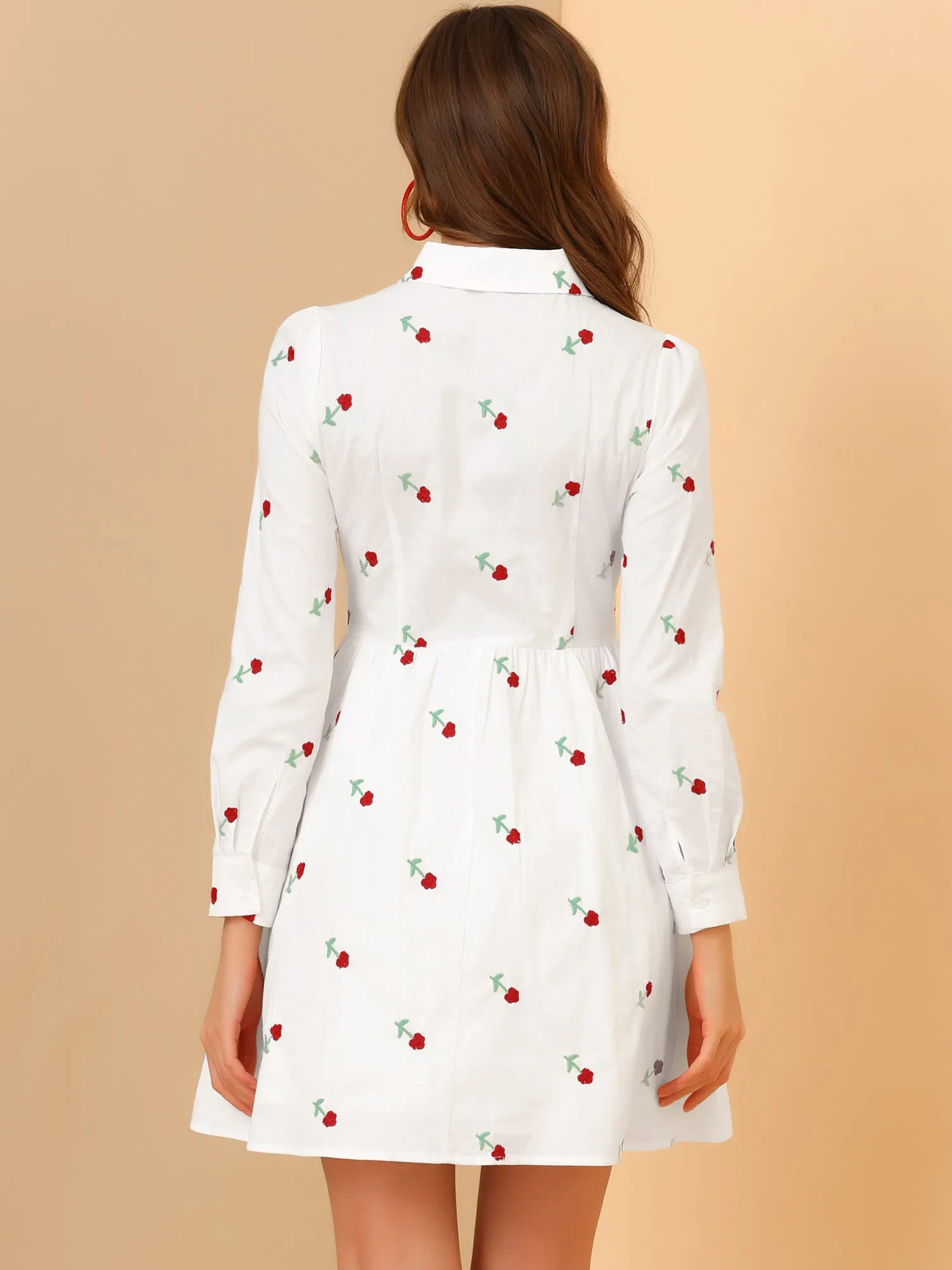 Casual Long Sleeve Half Placket Embroidered Floral Mini Shirt Dress sold by Allegra K product image thumbnail 4