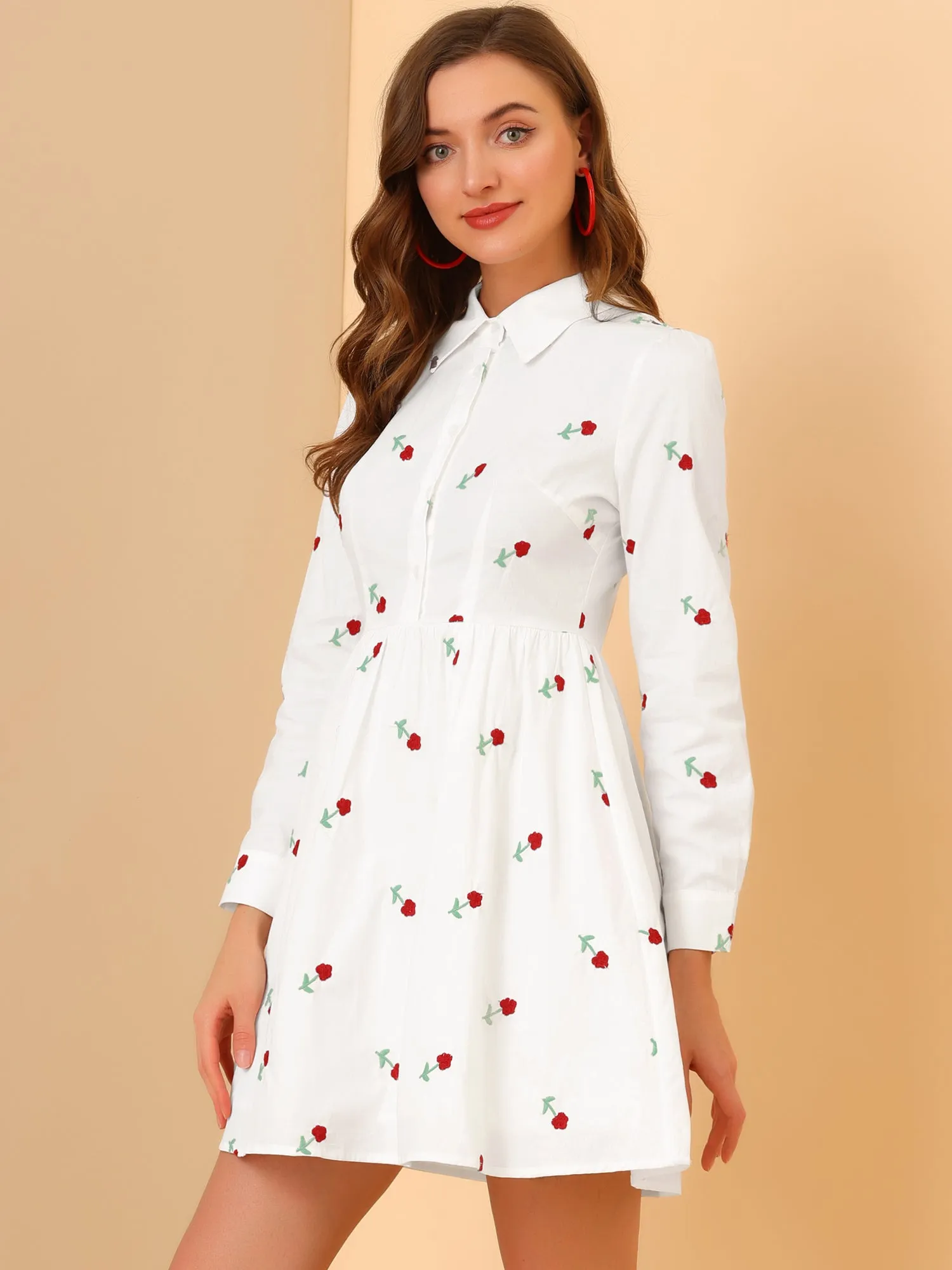 Casual Long Sleeve Half Placket Embroidered Floral Mini Shirt Dress sold by Allegra K