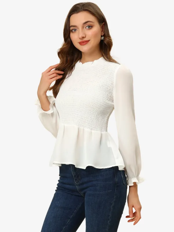 Mock Neck Blouse Elegant Long Sleeve Ruffle Smocked Peplum Top sold by Allegra K