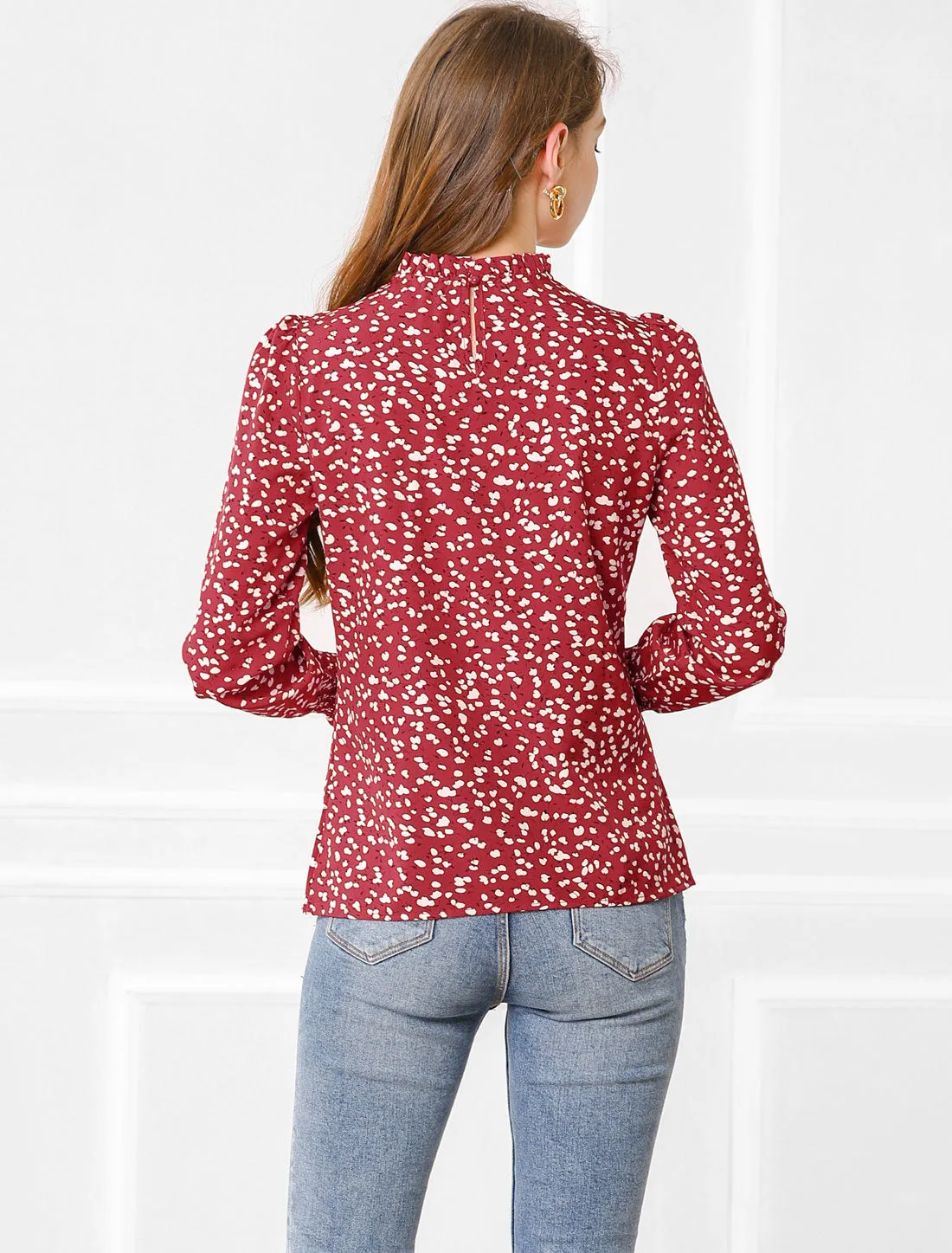 Printed Ruffled Mock Neck Puff Long Sleeve Casual Blouse Top sold by Allegra K product image thumbnail 4