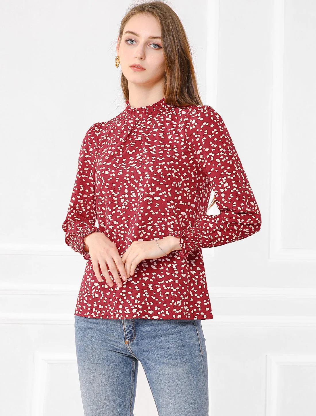 Printed Ruffled Mock Neck Puff Long Sleeve Casual Blouse Top sold by Allegra K product image thumbnail 3