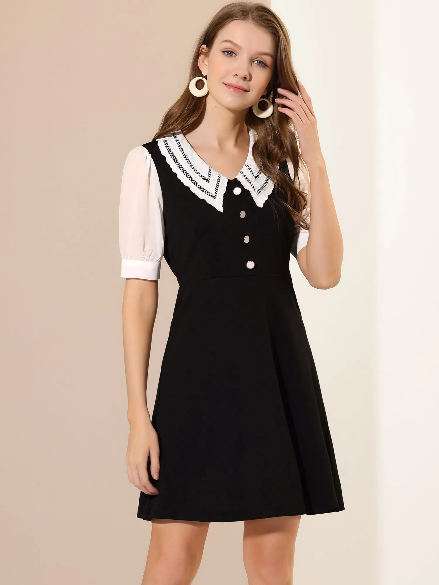 Vintage Short Sleeve Button Decor Halloween Contrast Collar Dress sold by Allegra K